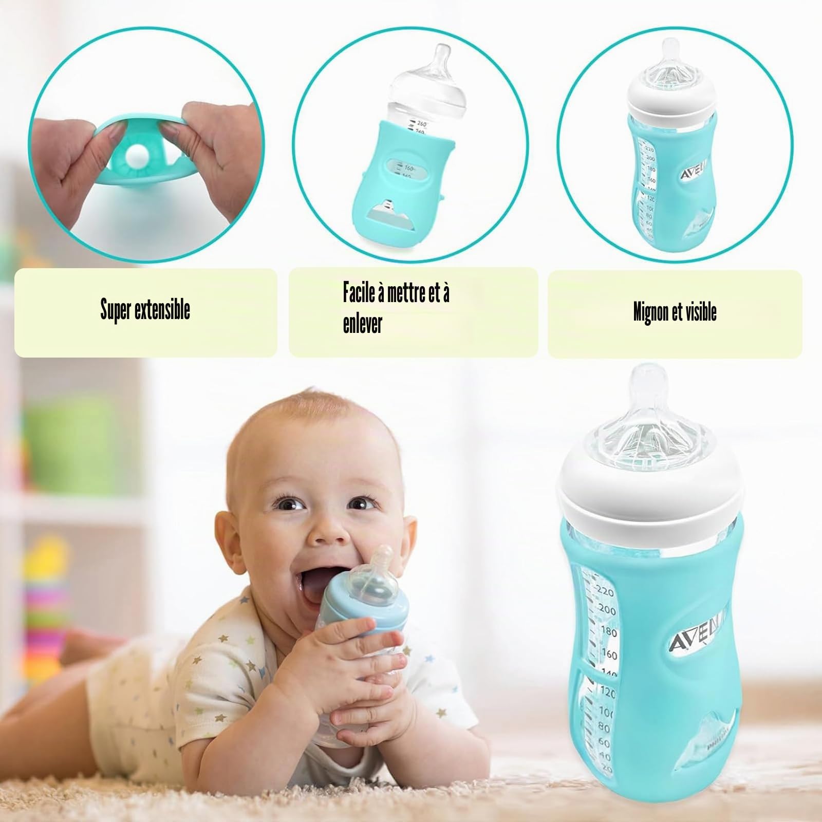 Housses de Biberon Silicone Lot de 3 étuis en Silicone pour Biberons Avent en verre Naturel Compatible en Verre de incassables et sûrs, 240ml Protection pour biberon (A)