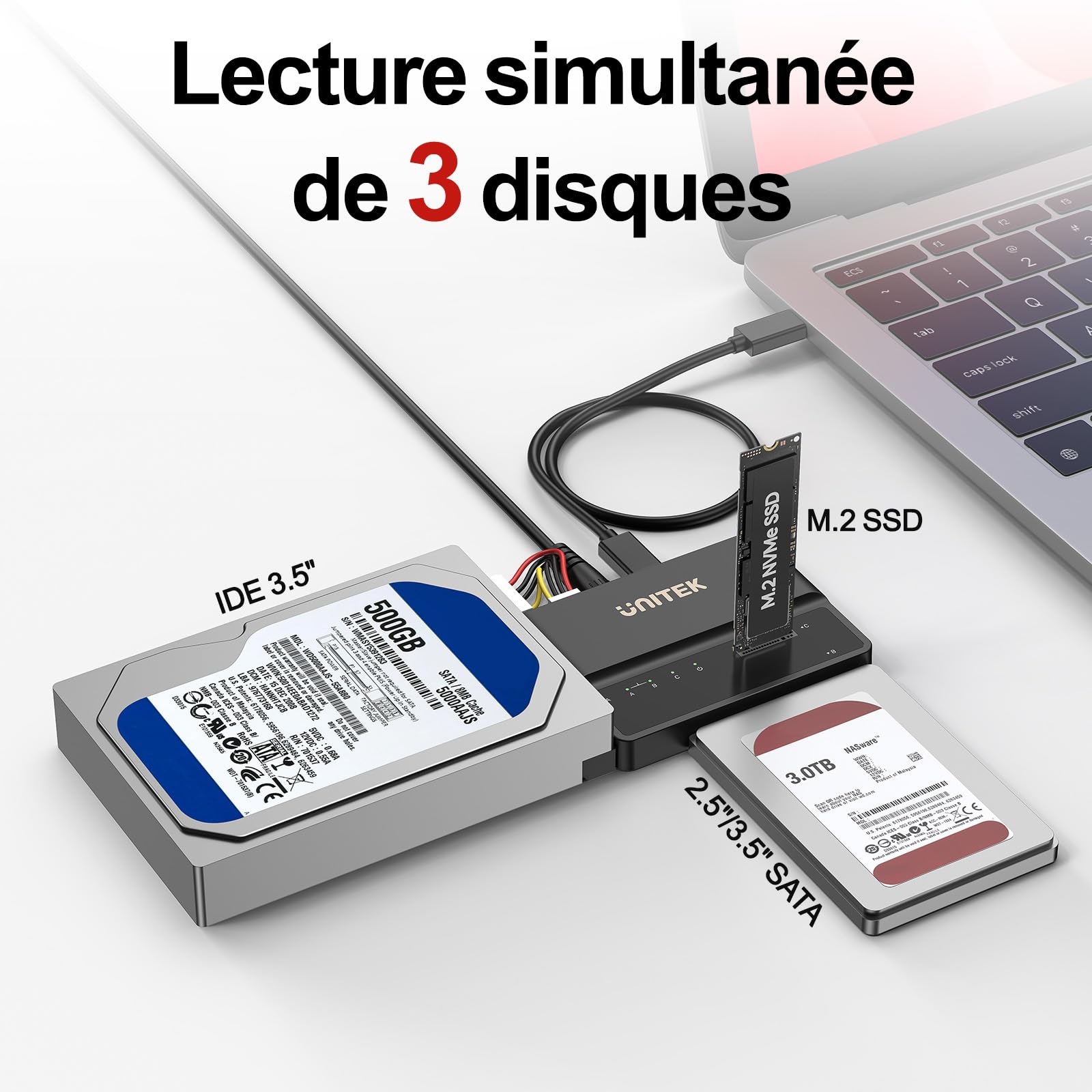 Unitek Boîtier IDE M2 NVME SATA, 3-en-1 Portable sans Outil 10Gbps PCIe3.1a M.2 SATA3.1 IDE100 Adaptateur Externe USB 3.2 Lecteur de Disque Dur USB 3.2 NVME SSD 2,5 " / 3,5 " SATA ID
