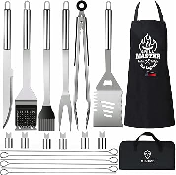 MUJUZE Grilling Accessories,Grilling Gifts for Fathers Day,Grill Utensils Set for Men,BBQ Accessories,Grill Tools Kit, Grill Set with Apron for Camping,Backyard