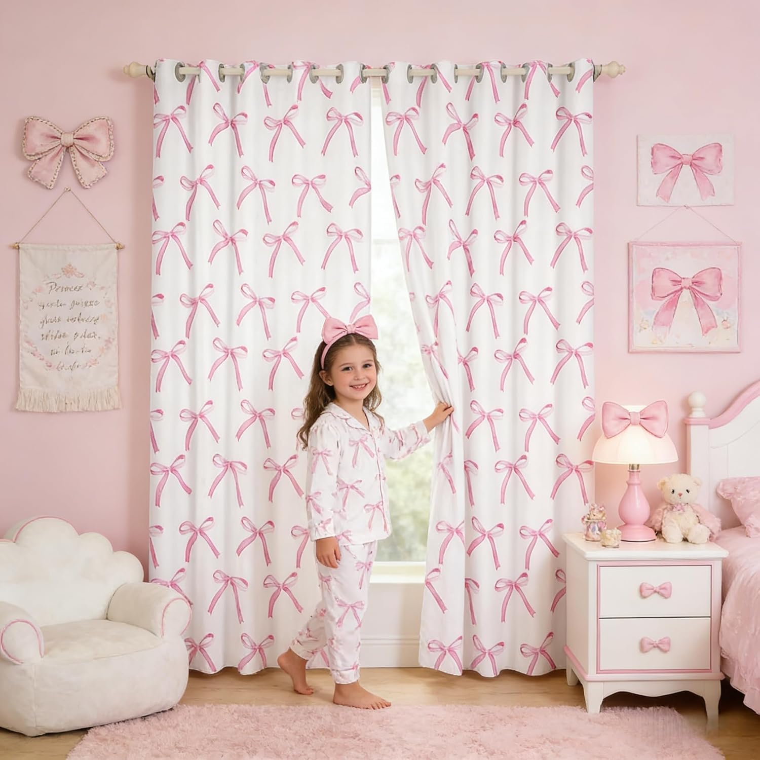 Cartoon Bowknot Kids Blackout Curtains,Pink Bow Tie Butterfly Knot Princess Window Drapes for Girls Women,Watercolor Bow Patchwork Pink White Window Treatments Grommet Top 2 Panel Set,66Wx72L inch โ image 1
