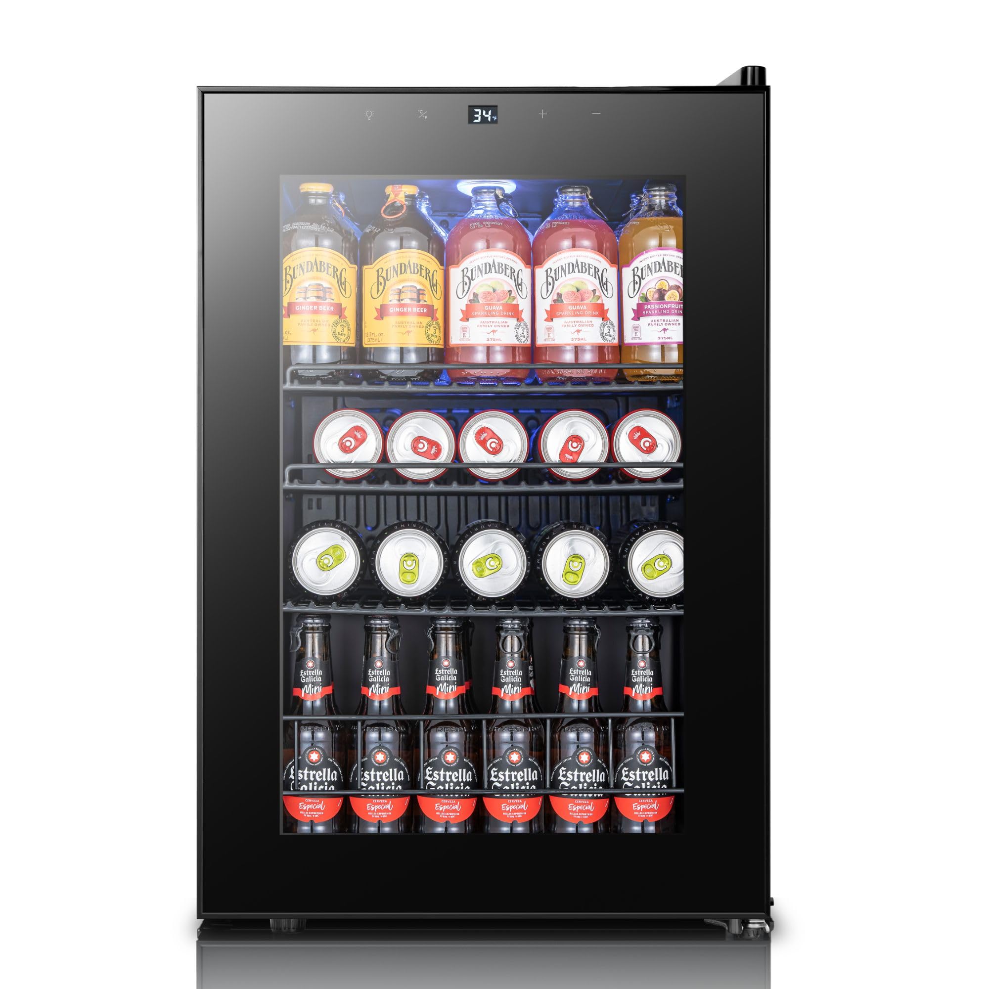 Yeego Countertop & Freestanding Beverage Fridge, 85-Can Mini Drink Refrigerator with Glass Door, Adjustable Shelves, Digital Temperature Control 34–54°F, Compact Cooler for Kitchen, Office, Bar | Fridge.com