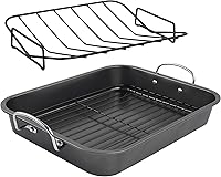 kitCom 9.5QT Nonstick Roasting Pan with V-Shaped & Flat Racks - Carbon Steel Roaster for Turkey, Chicken, Ham, Oven Safe 455°F, Dishwasher Safe