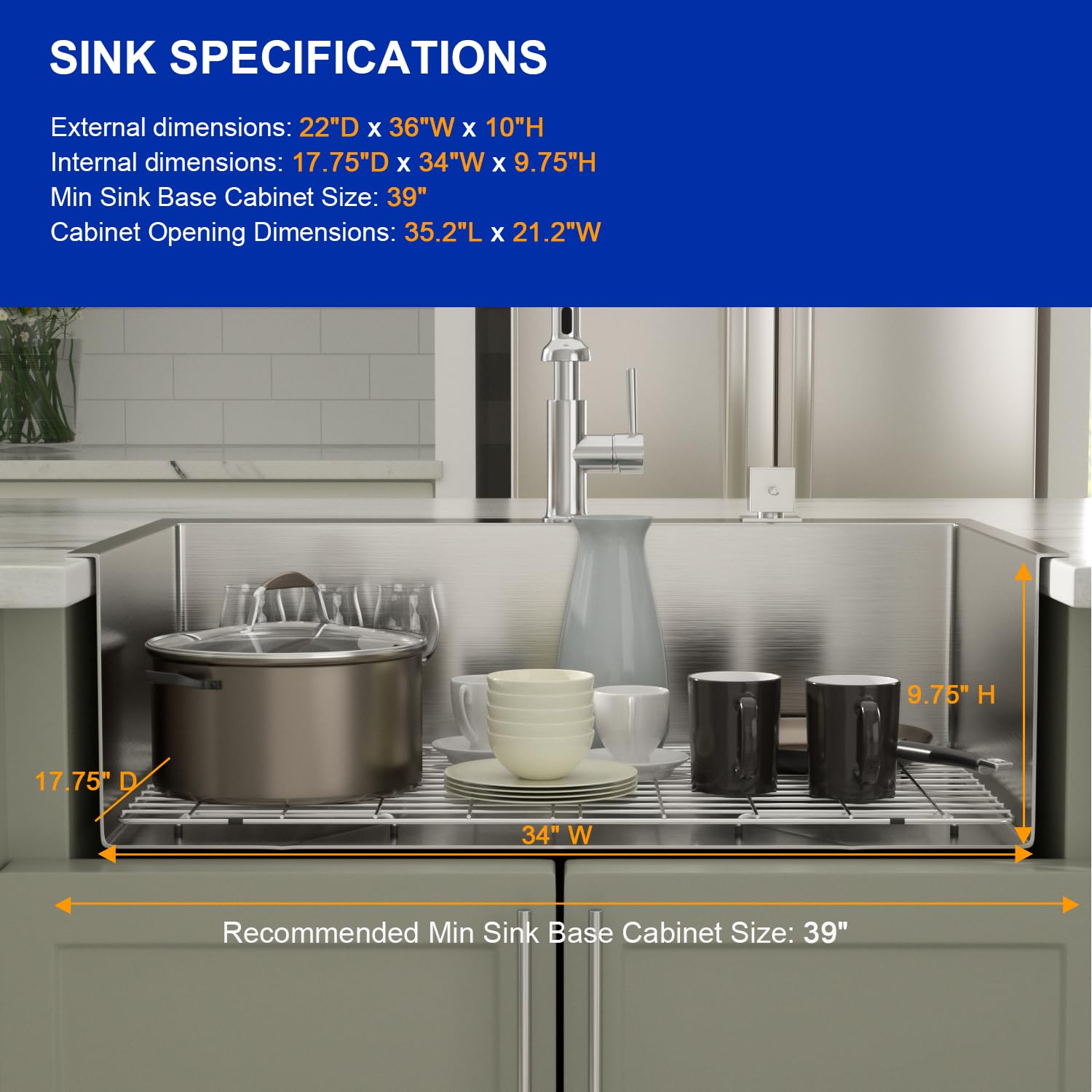 Dcolora 36 Inch Large Drop In Kitchen Sink 16 Gauge Stainless Steel Top ...