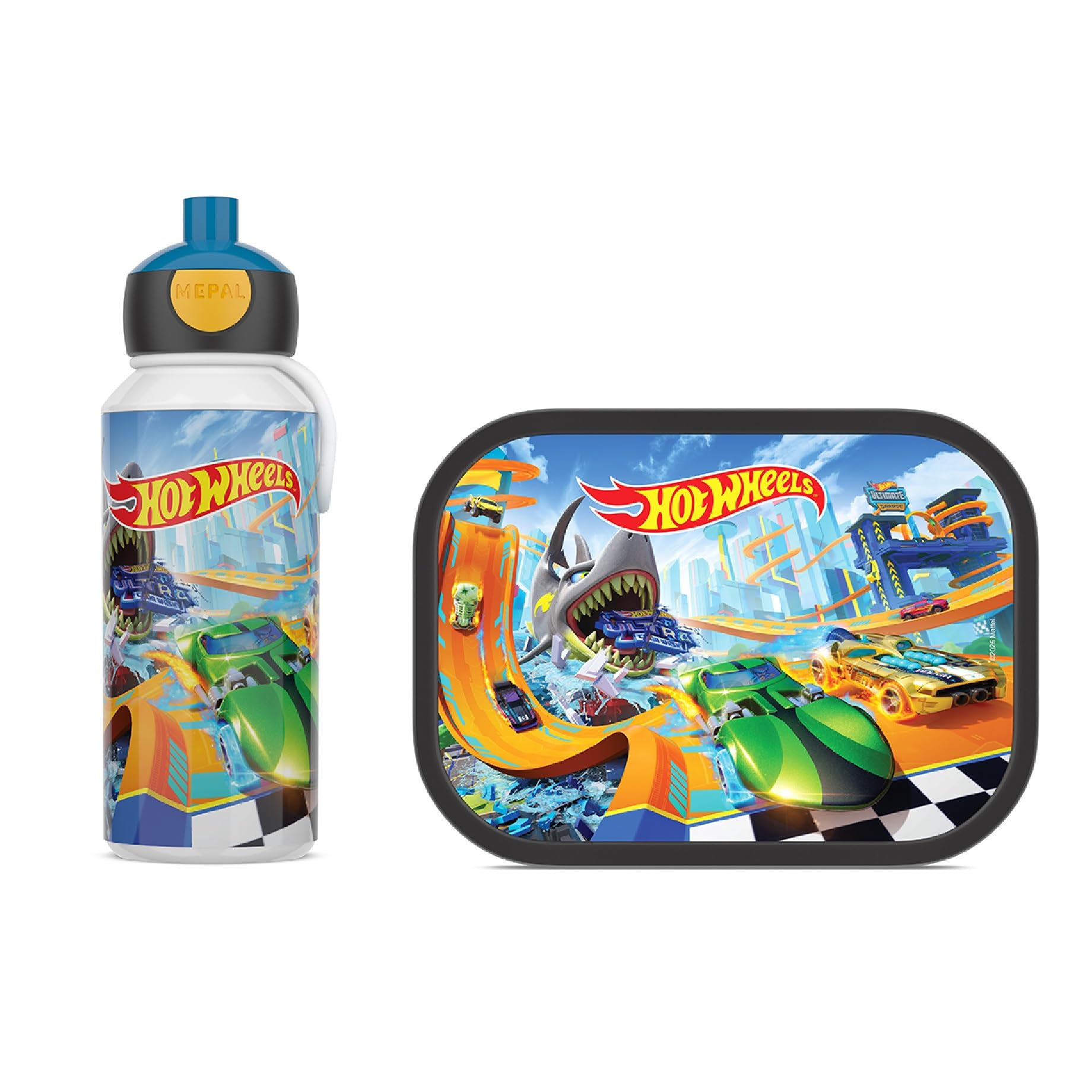 Mepal - Pausenset Campus Set für Kinder mit Pop-up Trinkflasche & Lunch Box - Lunch-Set für die Schule oder unterwegs - Spülmaschinenfest - 400 + 750 ml - Hot Wheels