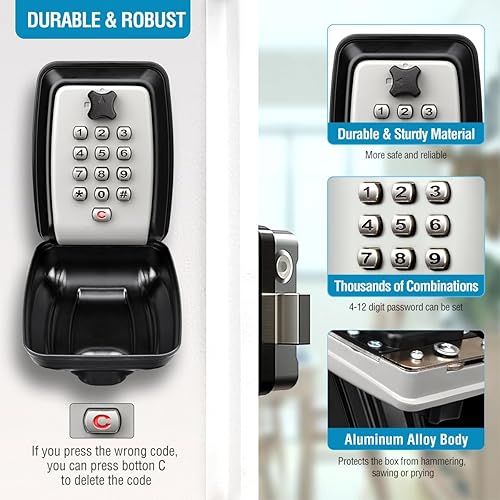 Miniatura 2 de BKNOOU Caja de llaves de pared con código, caja resistente para cerradura de llave para exterior, resistente a la intemperie, caja de bloqueo extra