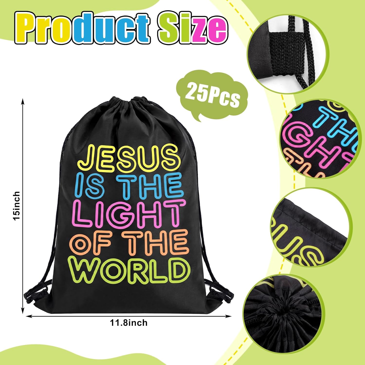 Kacctyen 25 Pack Vbs 2026 Drawstring Backpacks Jesus Is The Light of The World 12x10 in Black Christian Bags Bible Religious Illumination Themed Bag for Church Events Vacation Bible Sunday Supply