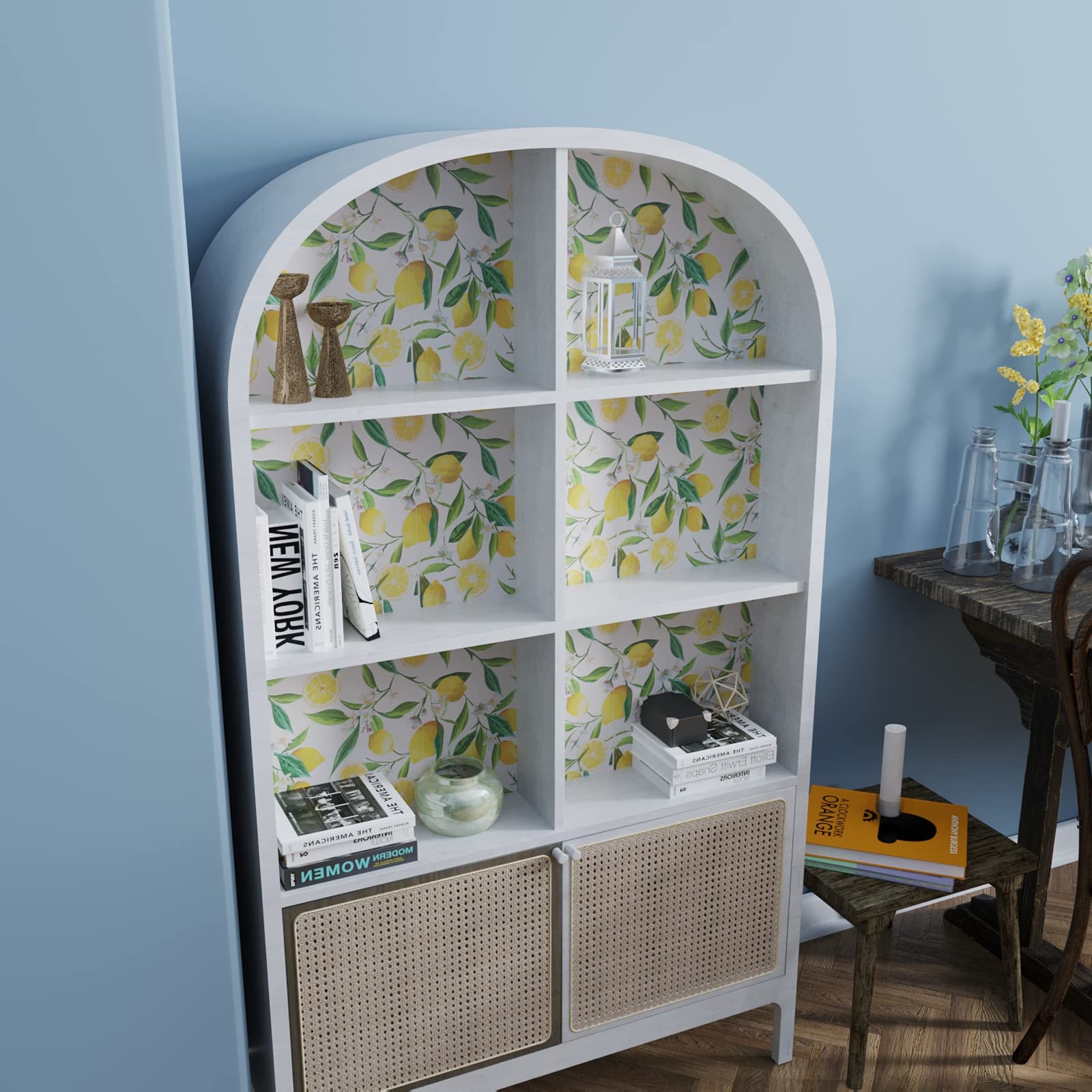 VEELIKE Papel Pintado Flores Limón Amarillas 44.5×900cm Papel Autoadhesivo Pared Floral Papel Pared Hojas Tropicales Fotomurales Decorativos Pared Cocina Lavable Papel Tapiz Baño Dormitorio Armarios