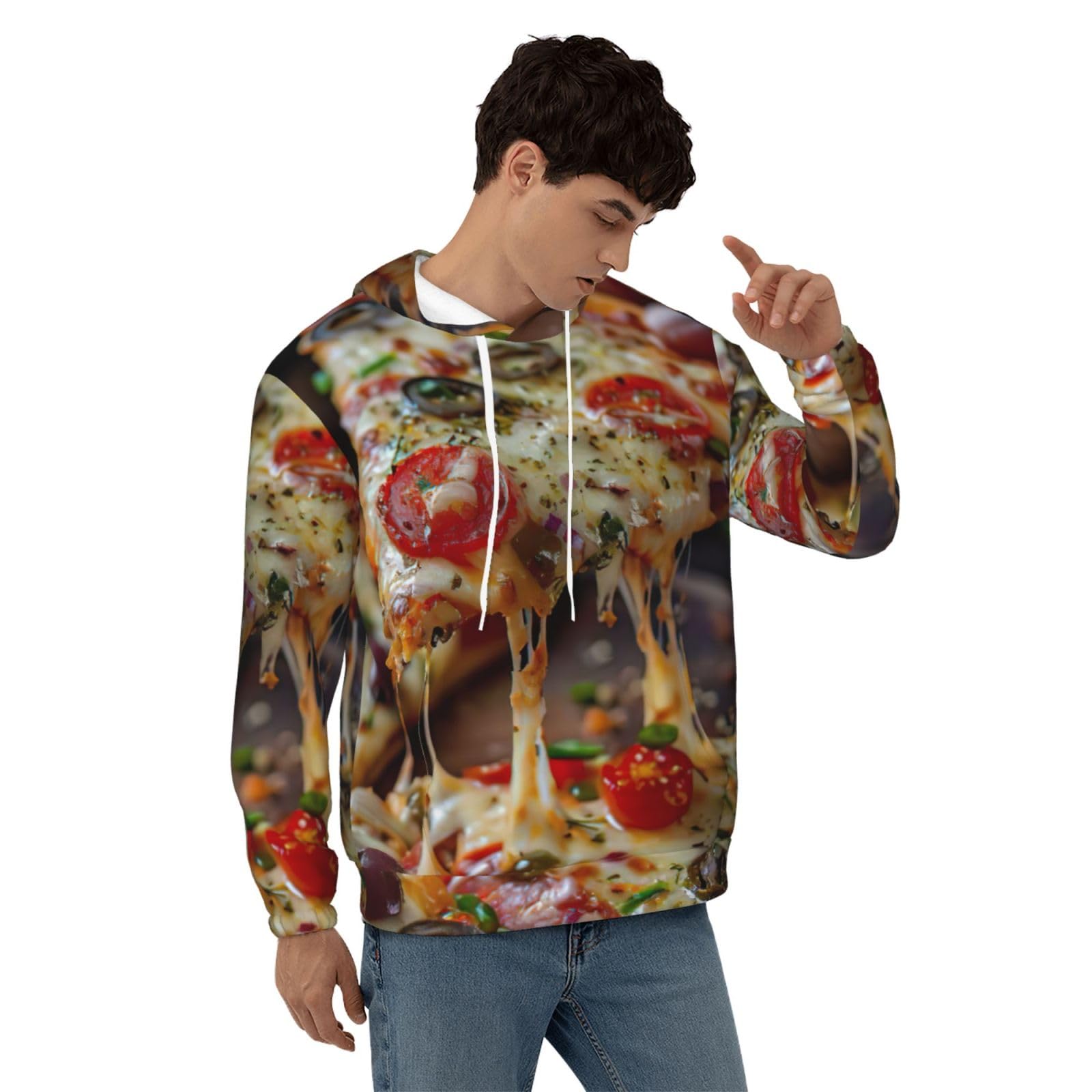 Męska bluza z kapturem z nadrukiem smacznej pizzy, casualowa grafika z nadrukiem bluzy z kapturem z kieszenią