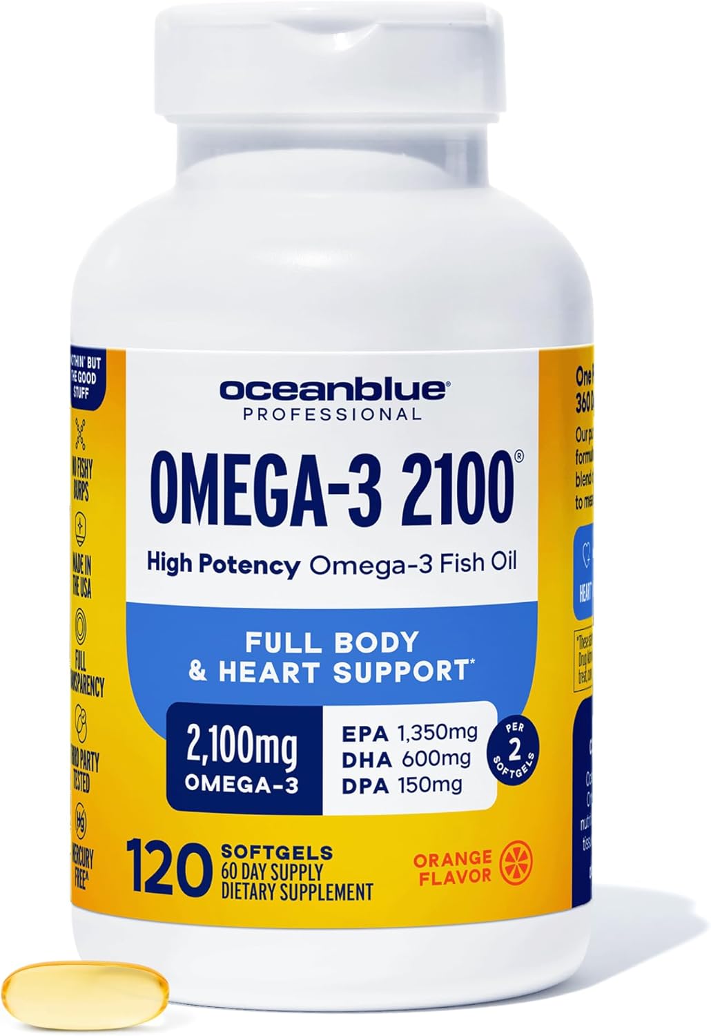Oceanblue Professional Omega-3 2100mg Fish Oil Supplement – Triple Strength, High Potency EPA, DHA & DPA – Burpless, Wild-Caught, Natural Orange Flavor – 120 Count (Pack of 1)