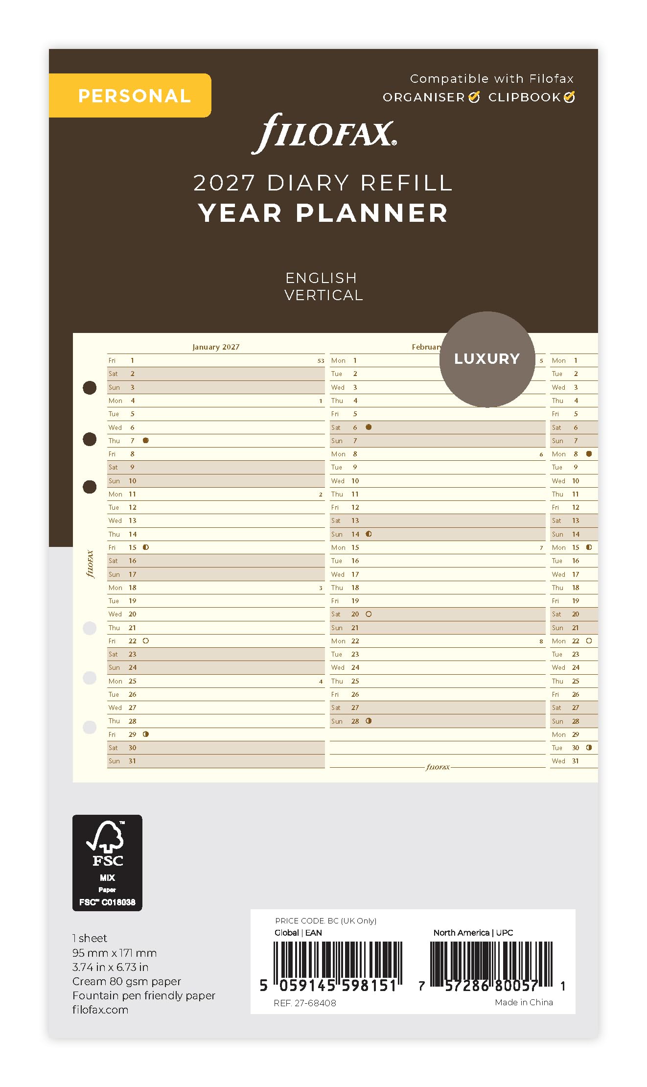 Filofax Personal Vertical Year Planner 2027 cotton cream