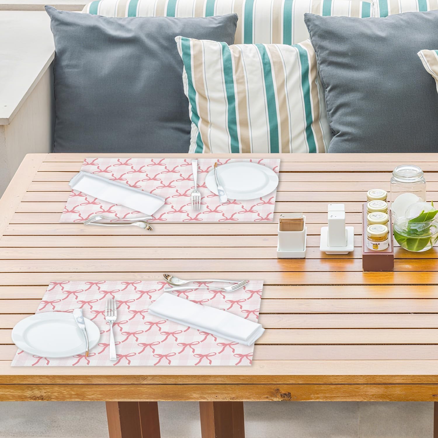 Pink Plaid Bow Placemats Set of 4, Washable Heat Resistant Placemats Kitchen Table Mats,12x18 Inch Place Mats for Home Restaurant Farmhouse, Indoor Outdoor Party Table Decoration -A05 - Image 4