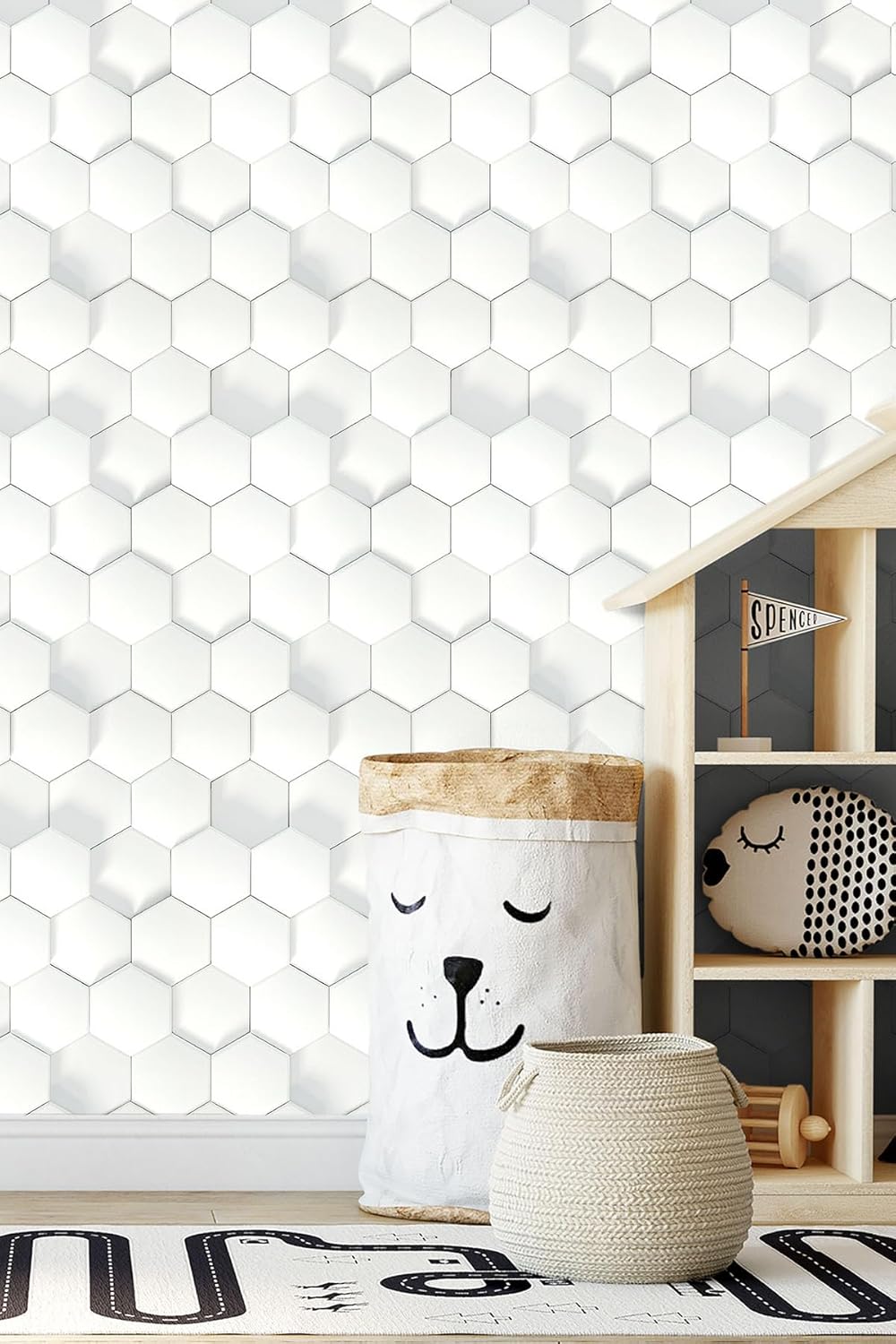 Geometric Removable Peel and Stick White Grey Flat Wallpaper Hexagon Wall Papel Tapiz para Pared 3D Visual Effect Wallpaper Decor Art DIY for Bedroom Bathroom 23.6"x196.8"