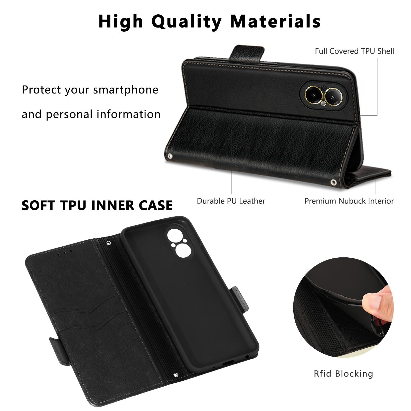 MAMA MOUTH Cover Per Realme C67 4G, Custodia Flip Pelle Portafoglio, Magnetica Libro Slot Schede Cover Per Realme C67 4G, Silicone TPU Bumper Wallet Supporto Antiurto Case Per Realme C67 4G Nero