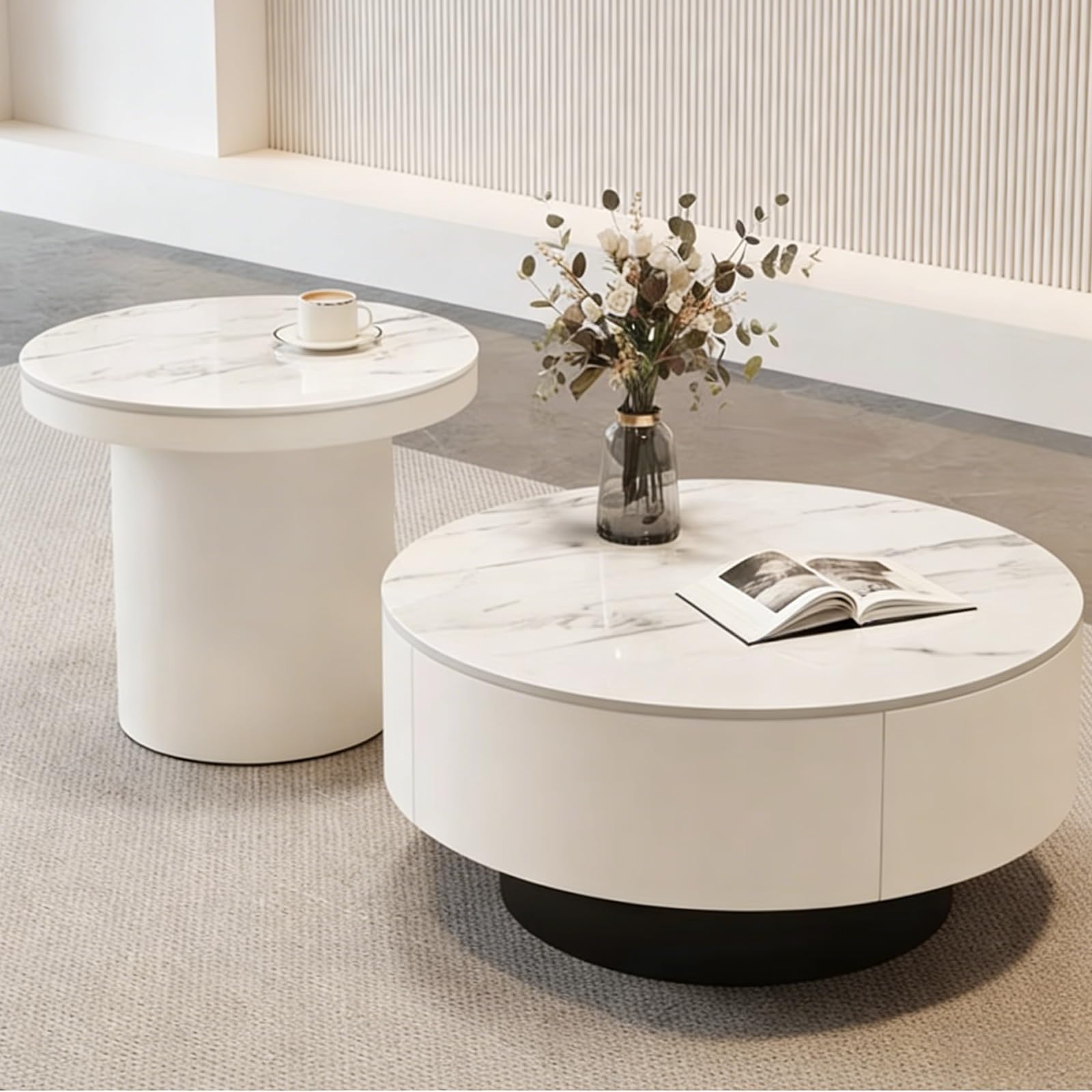 Elegante juego de mesa de café White Rock, mesas redondas anidables (70 cm + 50 cm) para sala de estar, patas gruesas, decoración moderna y elegante para el hogar, muebles de acento perfecto