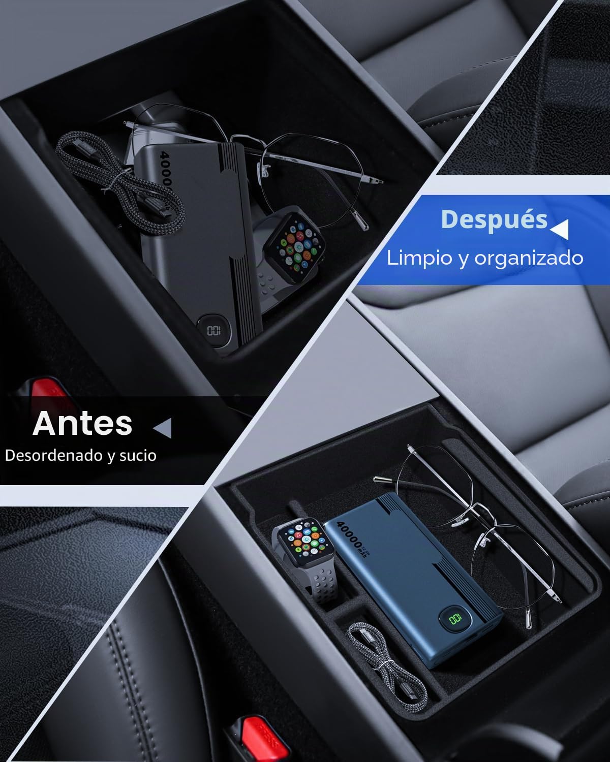 4 accesorios para Tesla Model 3 2024-2026 organizador de consola central, bandeja organizadora de silicona, caja de almacenamiento para reposabrazos y caja oculta (flocado)