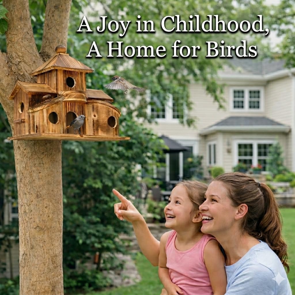 Casa para pájaros y comedero para pájaros 2 en 1. Casa para pájaros para exteriores, casa de colibrí con 6 agujeros, cardenales de pinzón azul para colgar casa de pájaros grande, caja de anidación