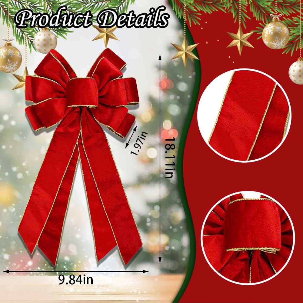 CHMOART Valentine‘s Day Wreath Bow 20 x 11 Inches Large Wedding Bows Golden Trimmed Red Velvet Ribbon Bow Holiday Farmhouse Bow Tree Ornament Bow for Home Front Door Decorations