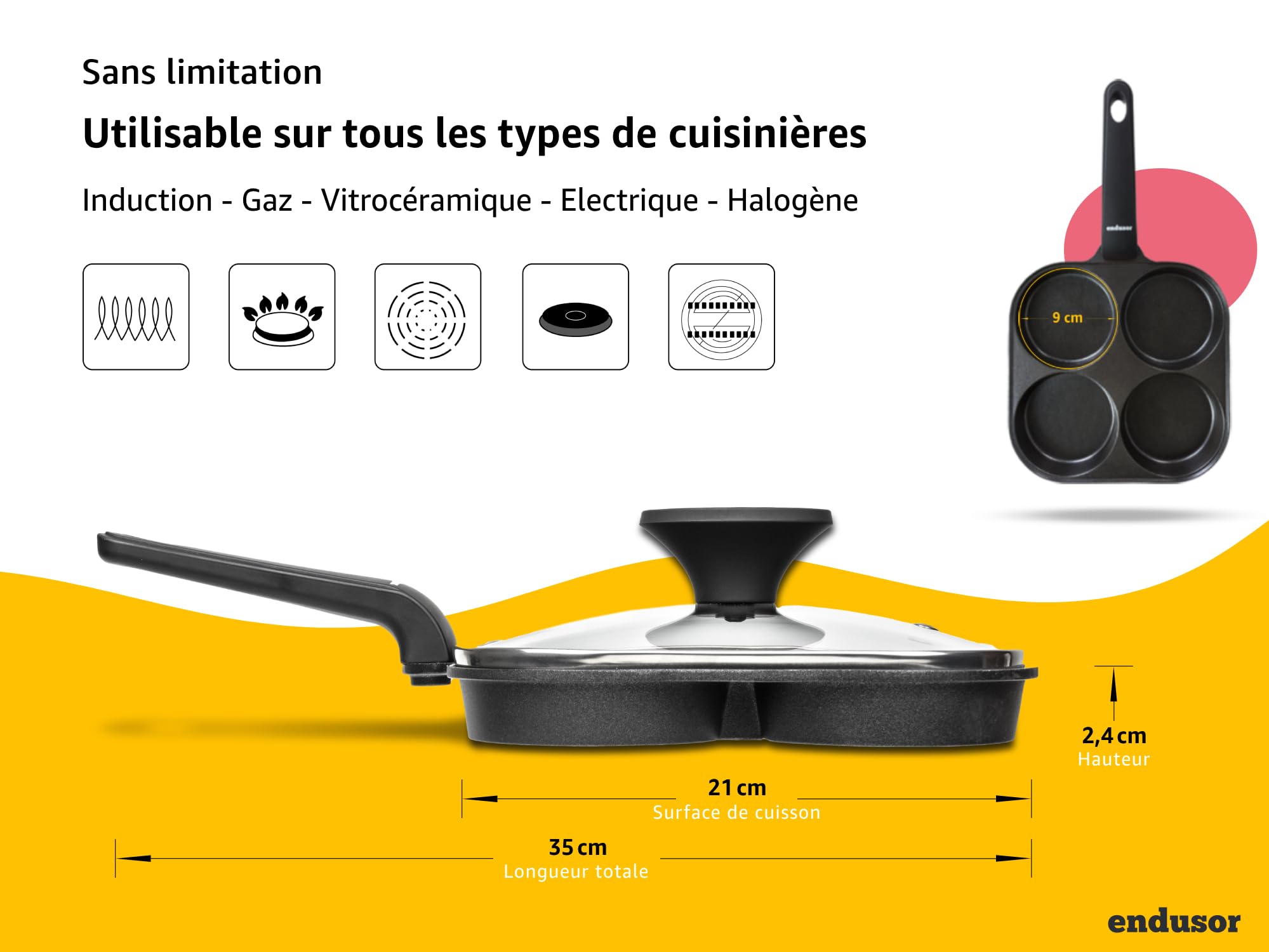 endusor Poele Pancakes et oeuf au plat - Poele de 21 cm adaptée à toute cuisinière + revêtement anti-adhésif & couvercle | Induction Gaz Céramique Électrique Halogène | 4 trous pour oeuf crêpe