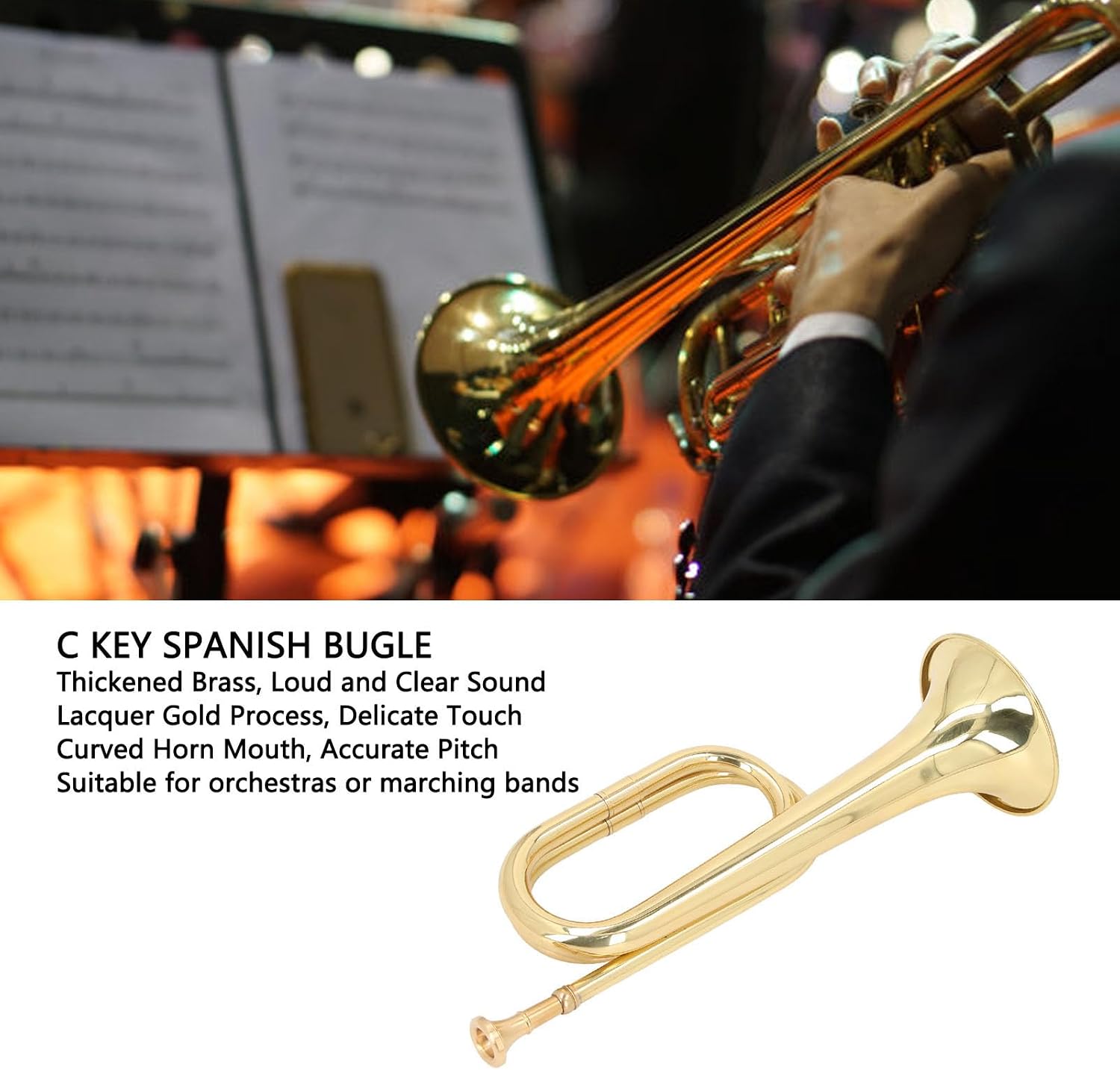 Military Bugle C Key Trumpet, Gold Bugle Cavalry Trumpet Brass Instrument for School Band Cavalry Beginner Military Orchestra, Brass Bugle Instruments, 11cm Dia Mouthpiece