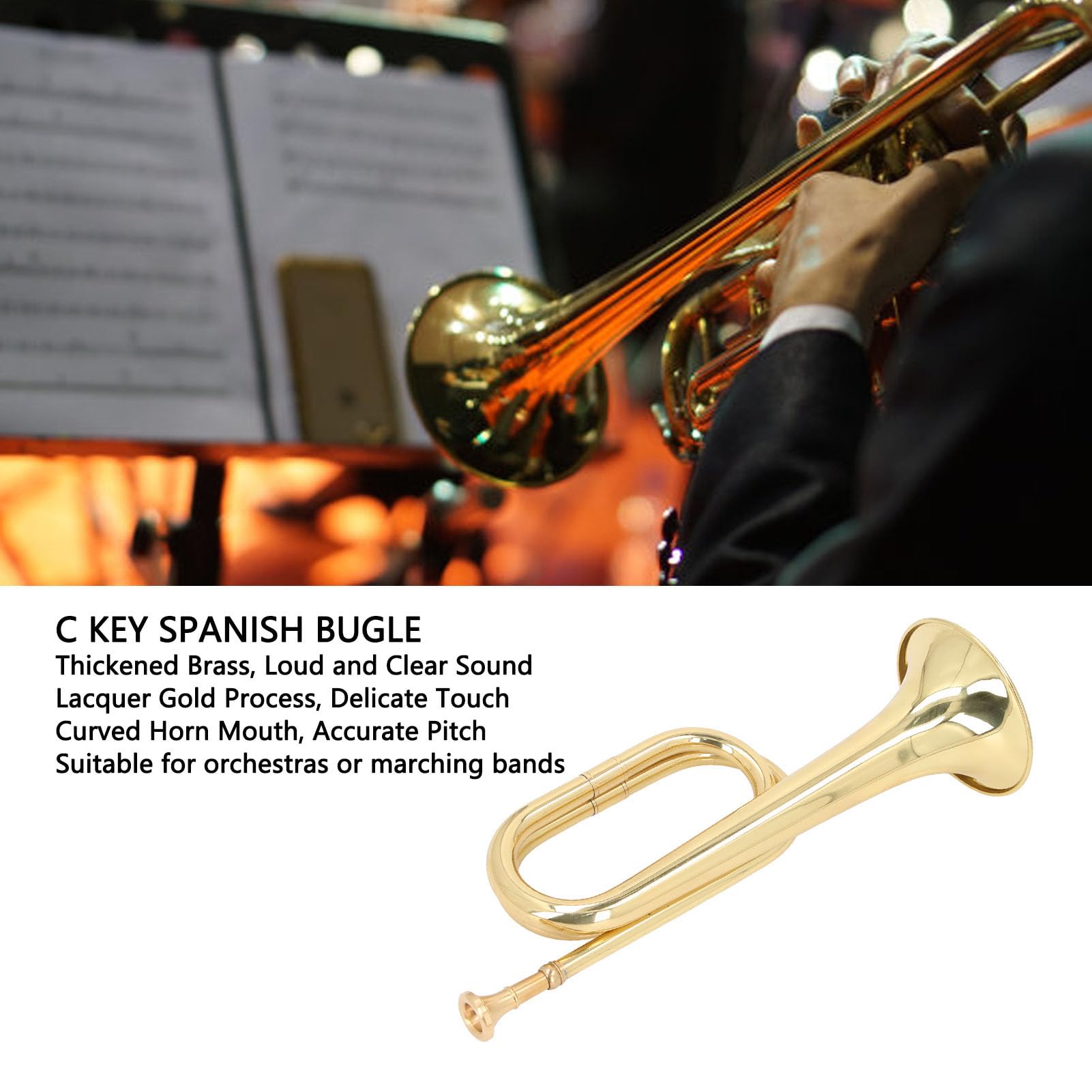 Military Bugle C Key Trumpet, Gold Bugle Cavalry Trumpet Brass Instrument for School Band Cavalry Beginner Military Orchestra, Brass Bugle Instruments, 11cm Dia Mouthpiece