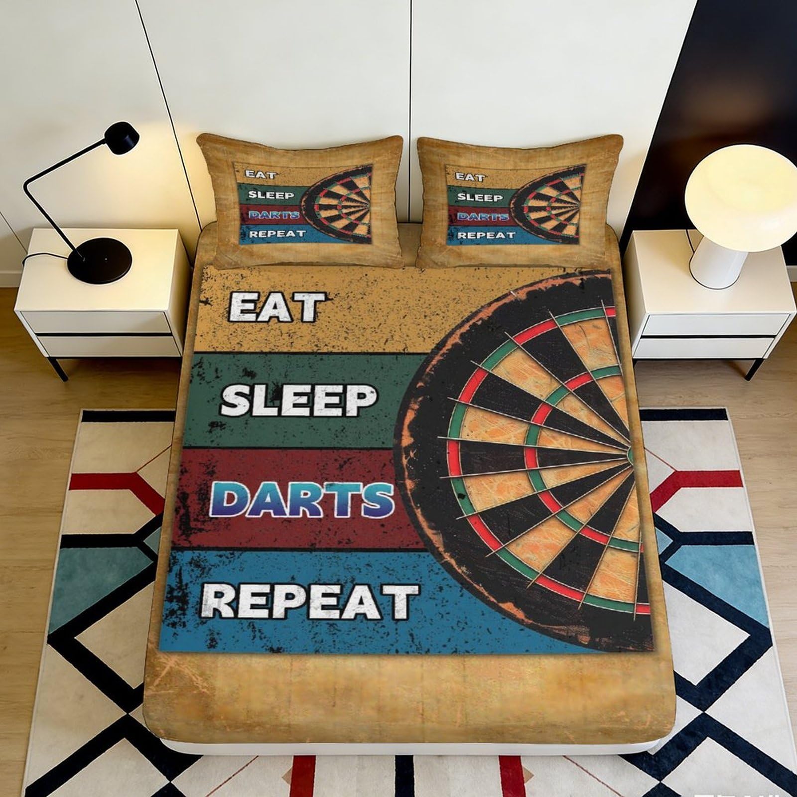 3D Printed Dart Board Fitted Sheet Microfiber Eat Sleep Darts Repeat Mattress Cover for Bedroom Decor Protection 90x200x25cm