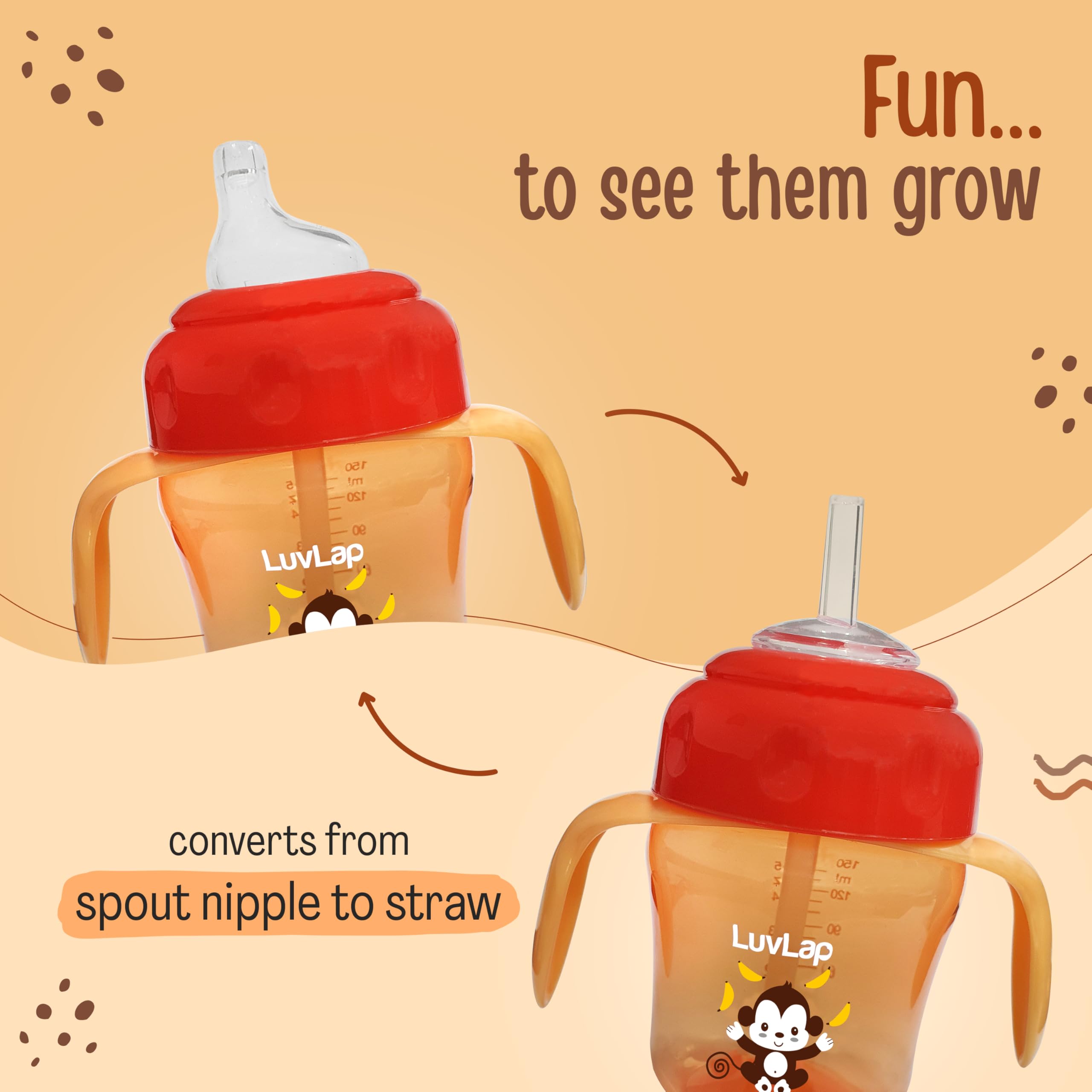 Luvlap Banana Time 150ml Anti Spill, Interchangeable Sipper / Sippy Cup with Soft Silicone Spout and Straw BPA Free, 6m+ (Orange) - Image 4 thumbnail