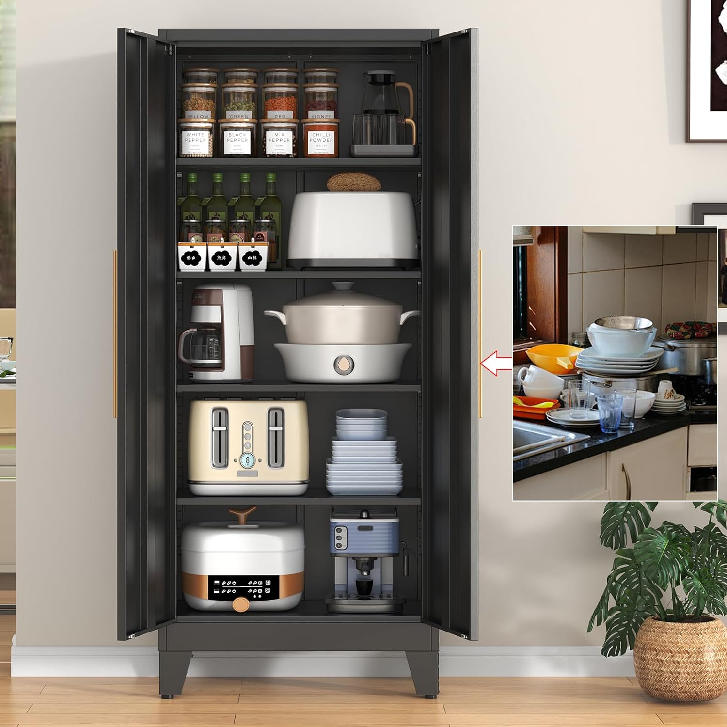 65.3" Tall Metal Kitchen Pantry Storage Cabinet with 4 Adjustable Shelves & 2 Doors, Large Freestanding Organizer Cabinet for Kitchen, Bathroom, Diningroom（Black）