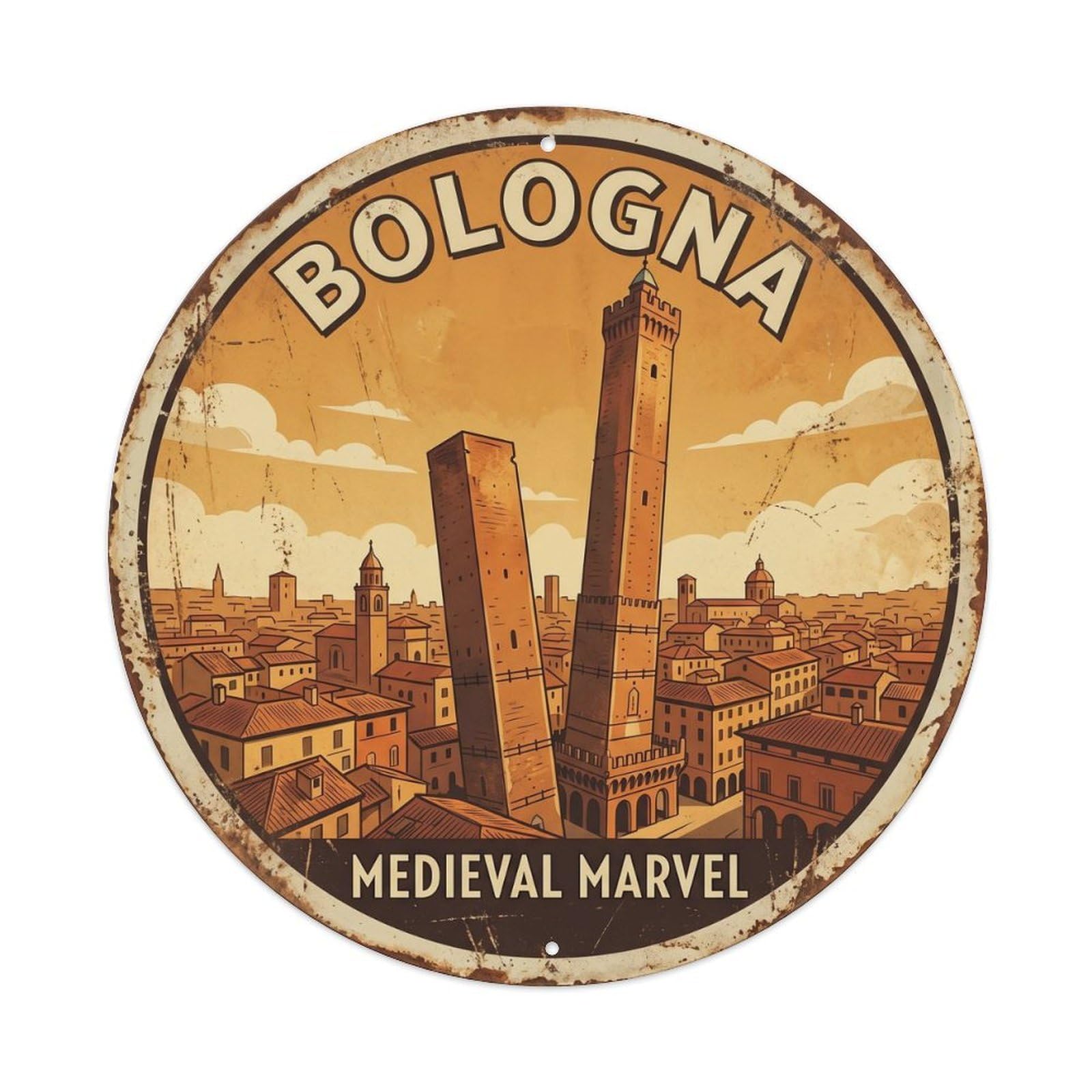 Cmhok Vintage Style-22 Vintage Travel Bologna Towers Italy Artwork Metal Tin Sign Plaque Wall Decor For Cafe, Club, Garden Round Metal Poster 8X8inch