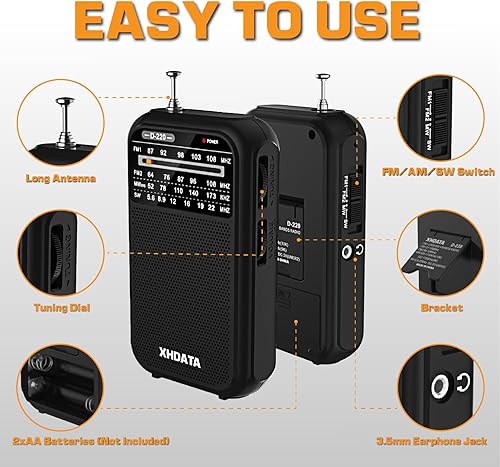 Miniatura 4 de XHDATA D220 Radio Portátil AM FM SW Receptor de Onda Corta Radios de Bolsillo, Radio Transistor Operada con 2 Pilas AA con Excelente Recepción