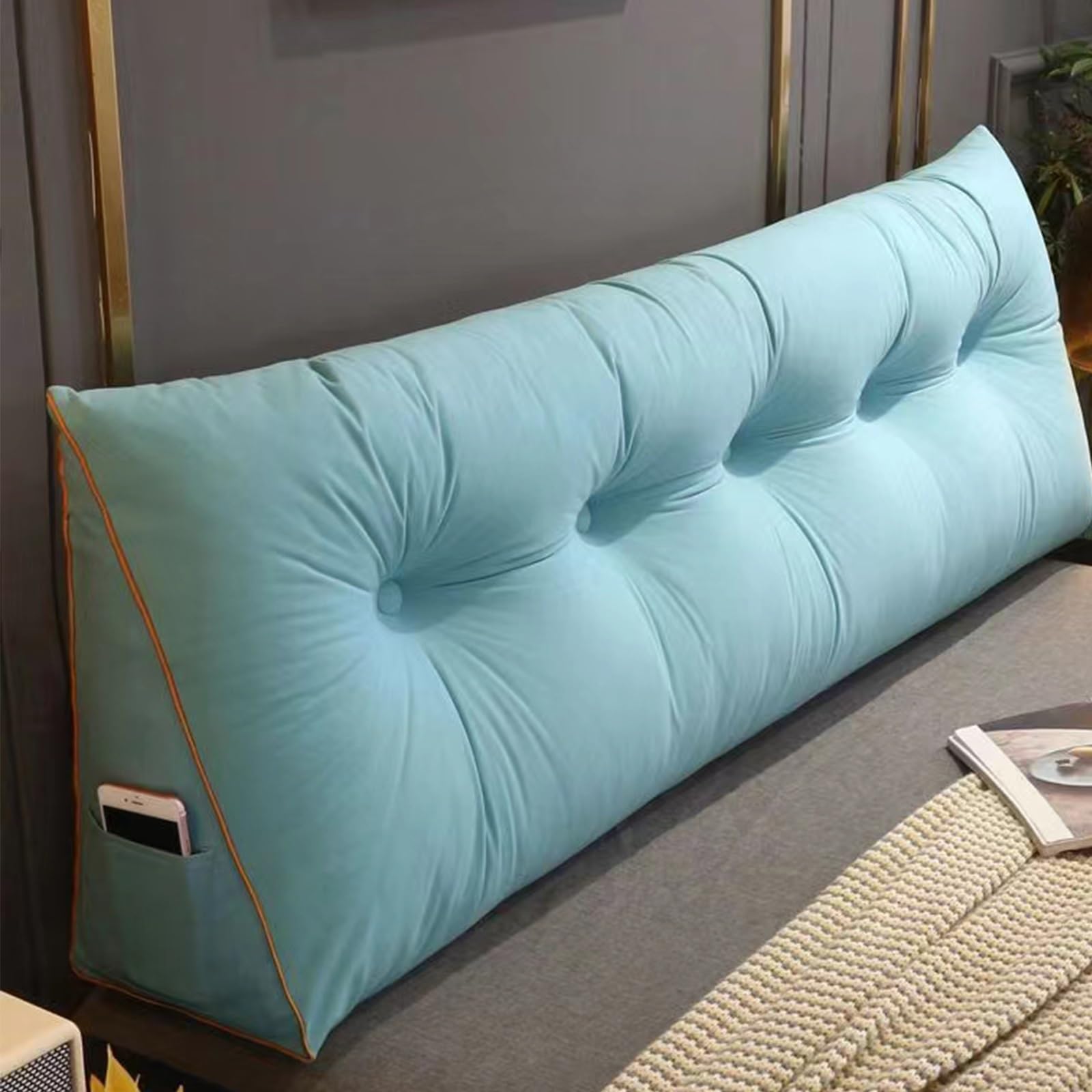 Coussin triangulaire lecture au lit : dossier de canapé 140 cm confortable bleu lac