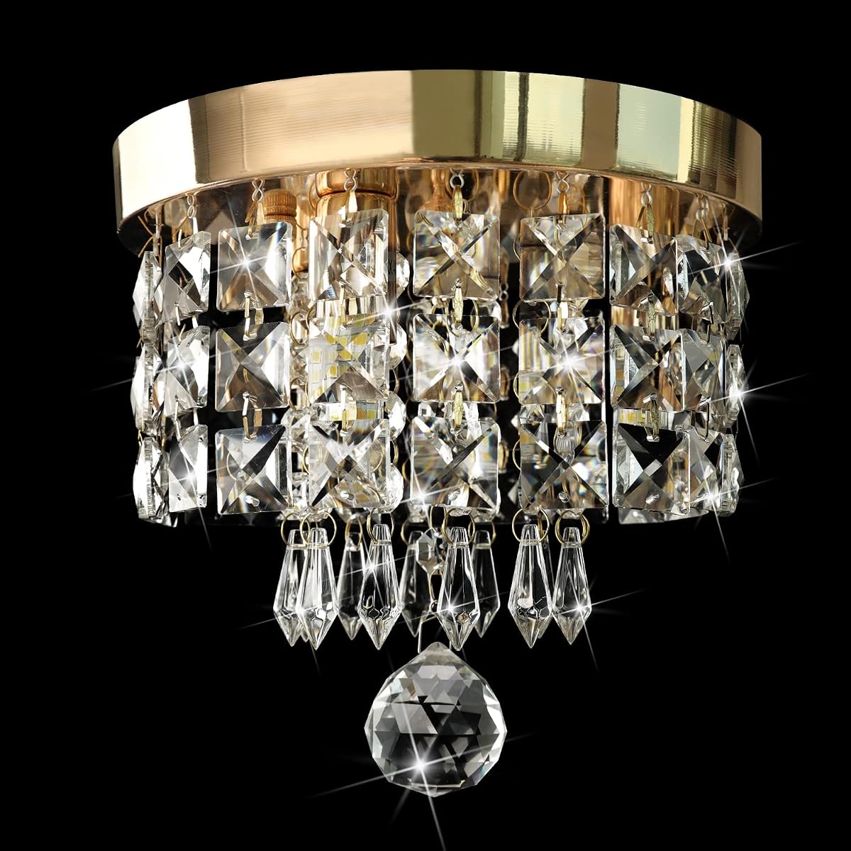 Modern Chandelier Crystal Mini Chandelier Light Fixture 3-Lights 60W Round Flush Mount Ceiling Light Fixture Crystal Small Chandelier Ceiling Lamp for Dining Room Bedroom Bathroom 8" X 7.3"-Gold