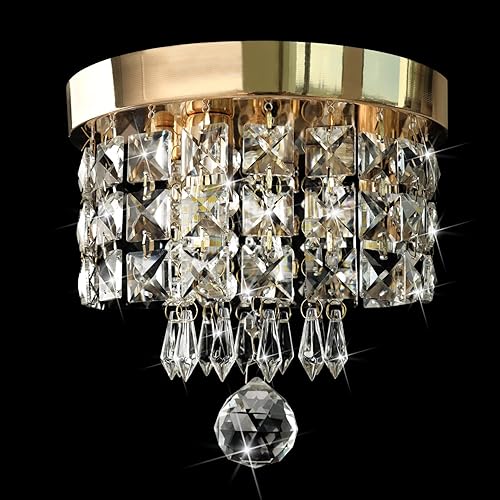 Mini Crystal Chandelier Modern Chandelier Gold Crystal Ceiling Flush Mount Light Fixture Chandelier 8" x 7.4" Round Hanging Pendant Lamp for Dining