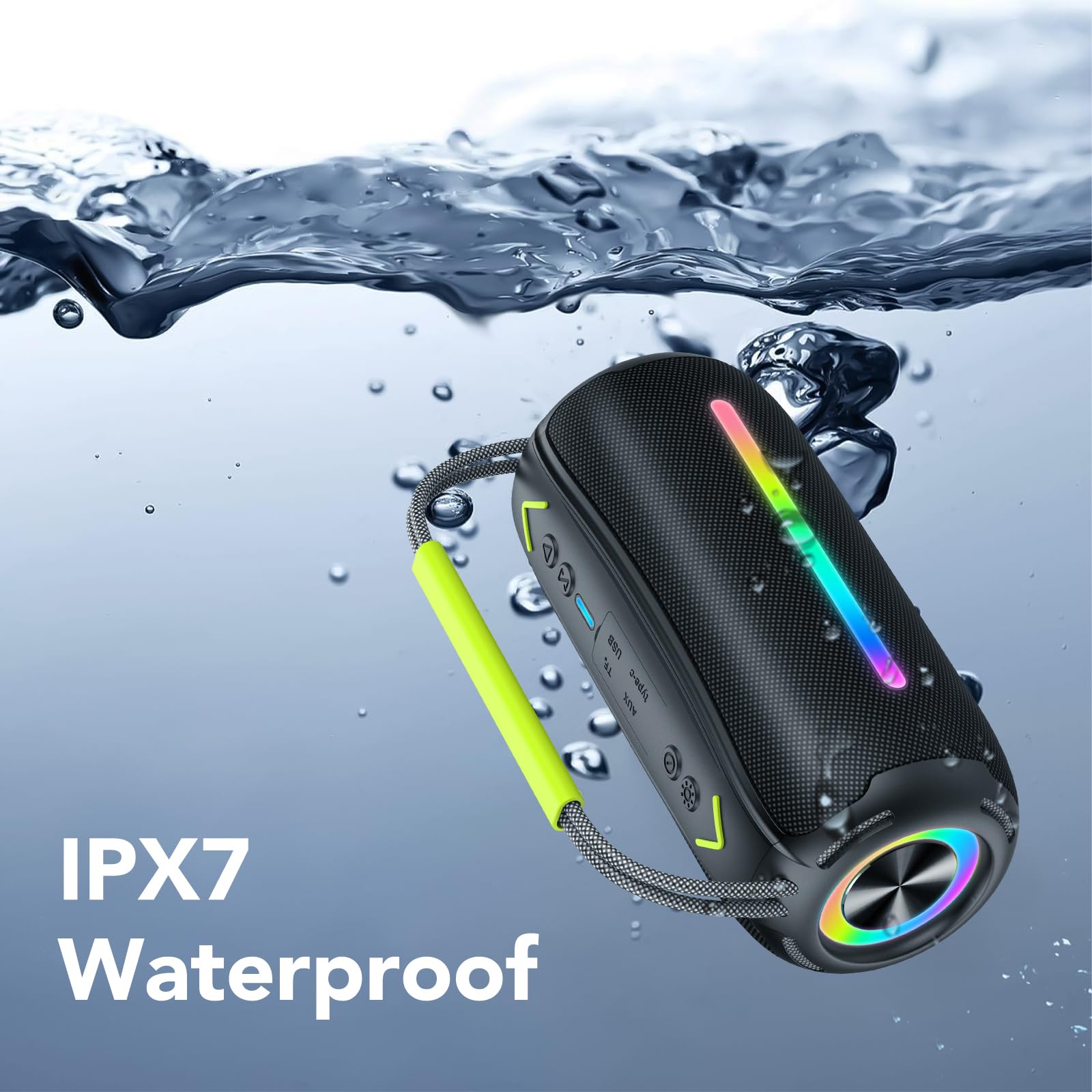 IKT Bluetooth Lautsprecher mit Tragegriff, 40W Musikbox Bluetooth Box mit Dualen Bass-Treibern, IPX7 Wasserdicht, RGB Lichter, TWS Kopplung, AUX, TF Karte, Geeignet Party/Outdoor/Reisen, Schwarz