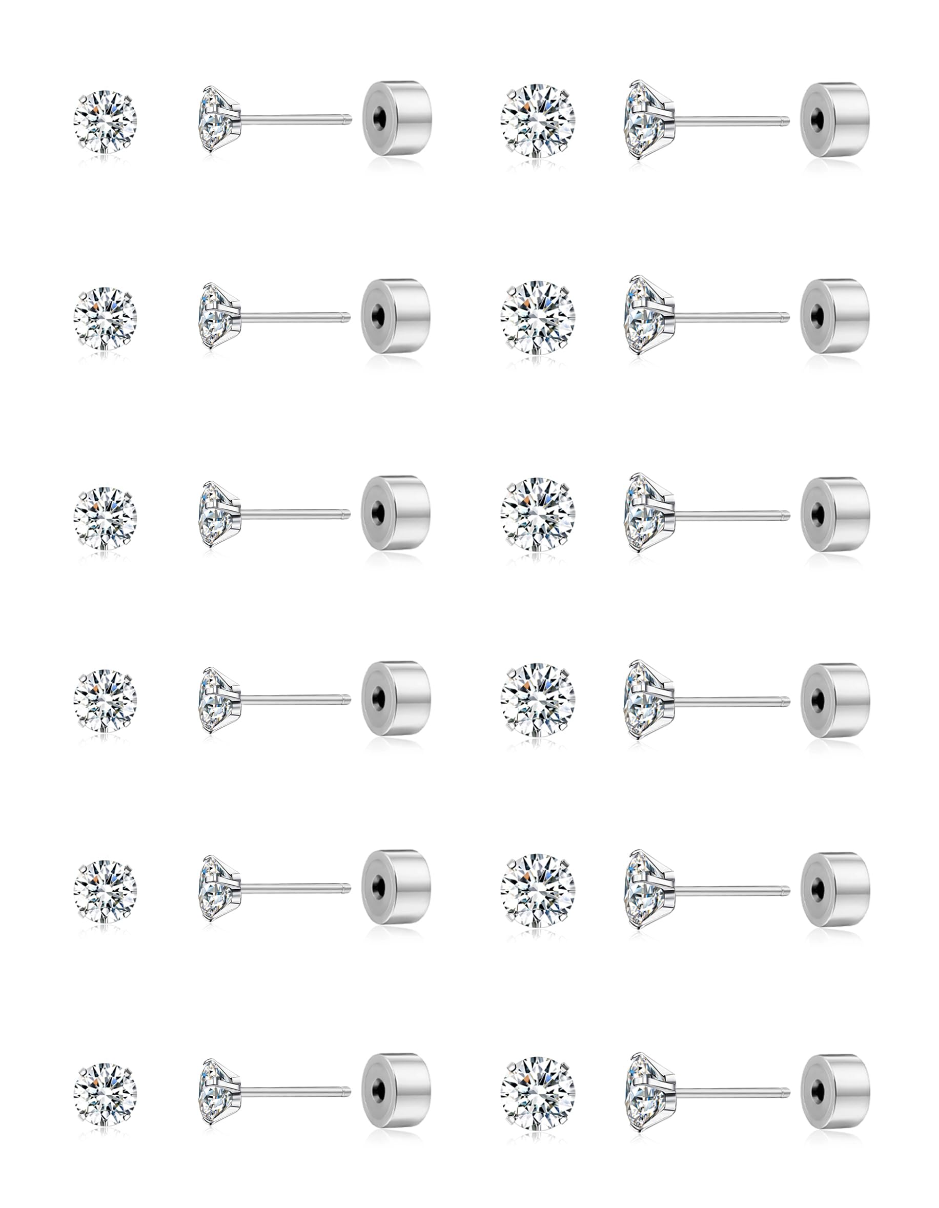 Tornito 12 Pairs Tiny Threadless Flat Back Stud Earrings Stainless Steel Round Cubic Zirconia Stud Earrings Set Cartilage Earring Tragus Helix