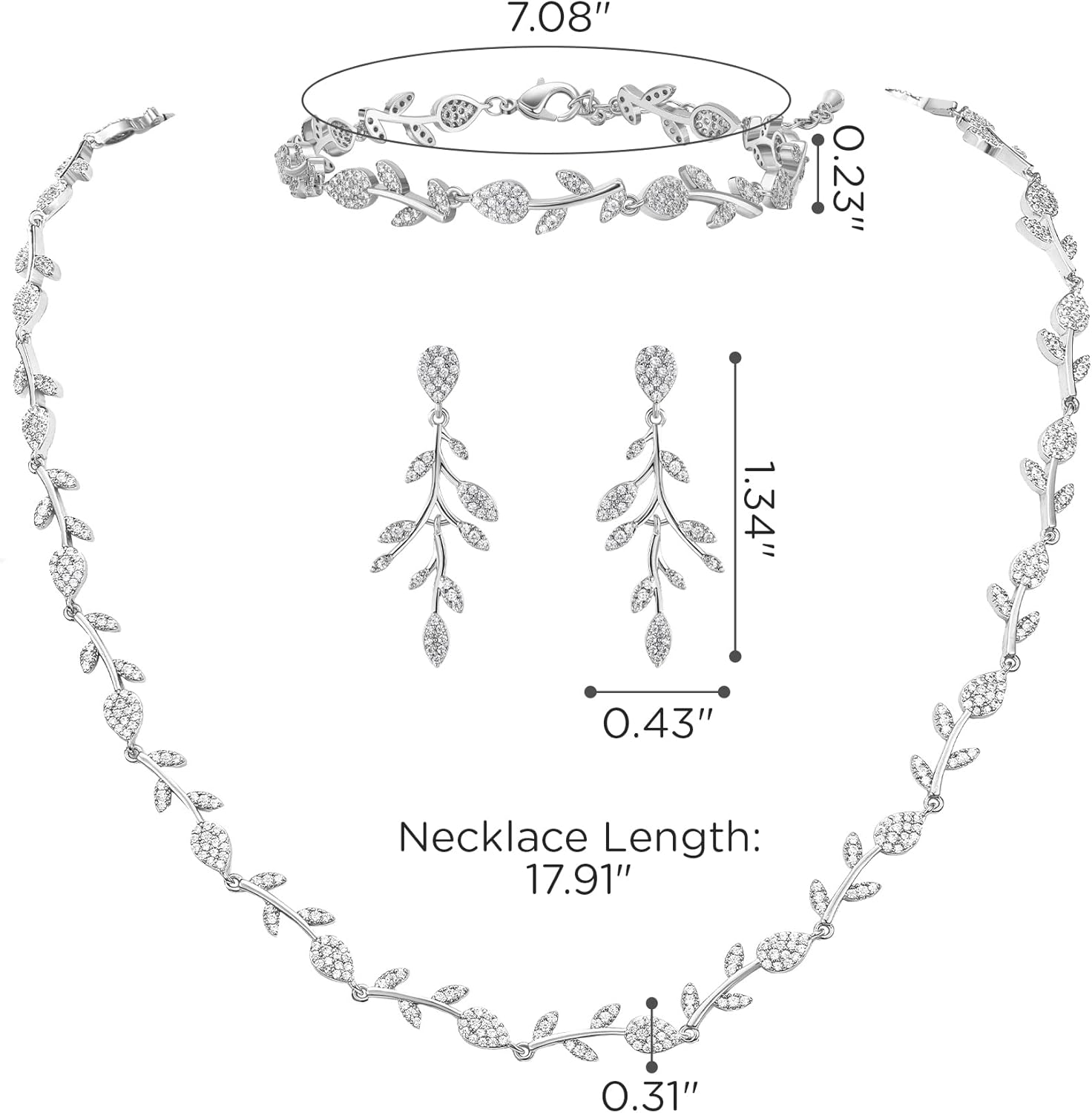 SWEETV Cubic Zirconia Wedding Jewelry Sets for Bride Bridesmaids, Crystal Leaf Vine Bridal Earrings and Necklace Set for Women Jewelry Gifts - Image 5