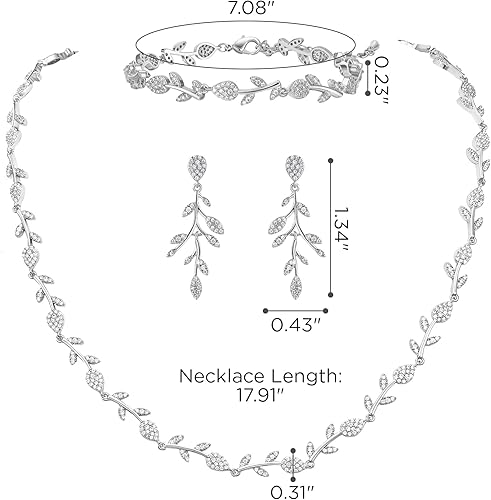 Vista 5 de SWEETV Juego de joyas de boda de circonita cúbica para novias, damas de honor, aretes y collar de vid de hoja de cristal para mujer, regalos