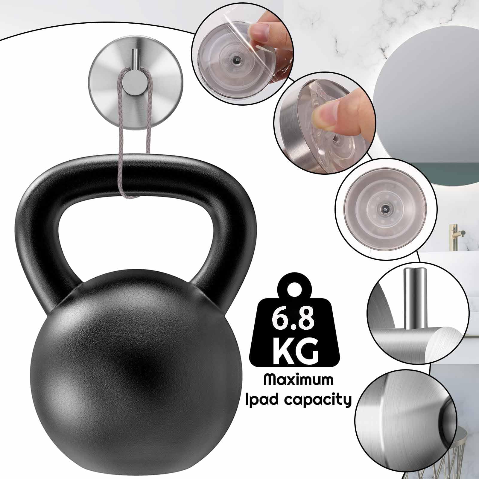 2 ganci a ventosa, portasciugamani senza foratura, in acciaio inox extra forte, capacità di carico 6,8 kg, gancio da parete per bagno e cucina