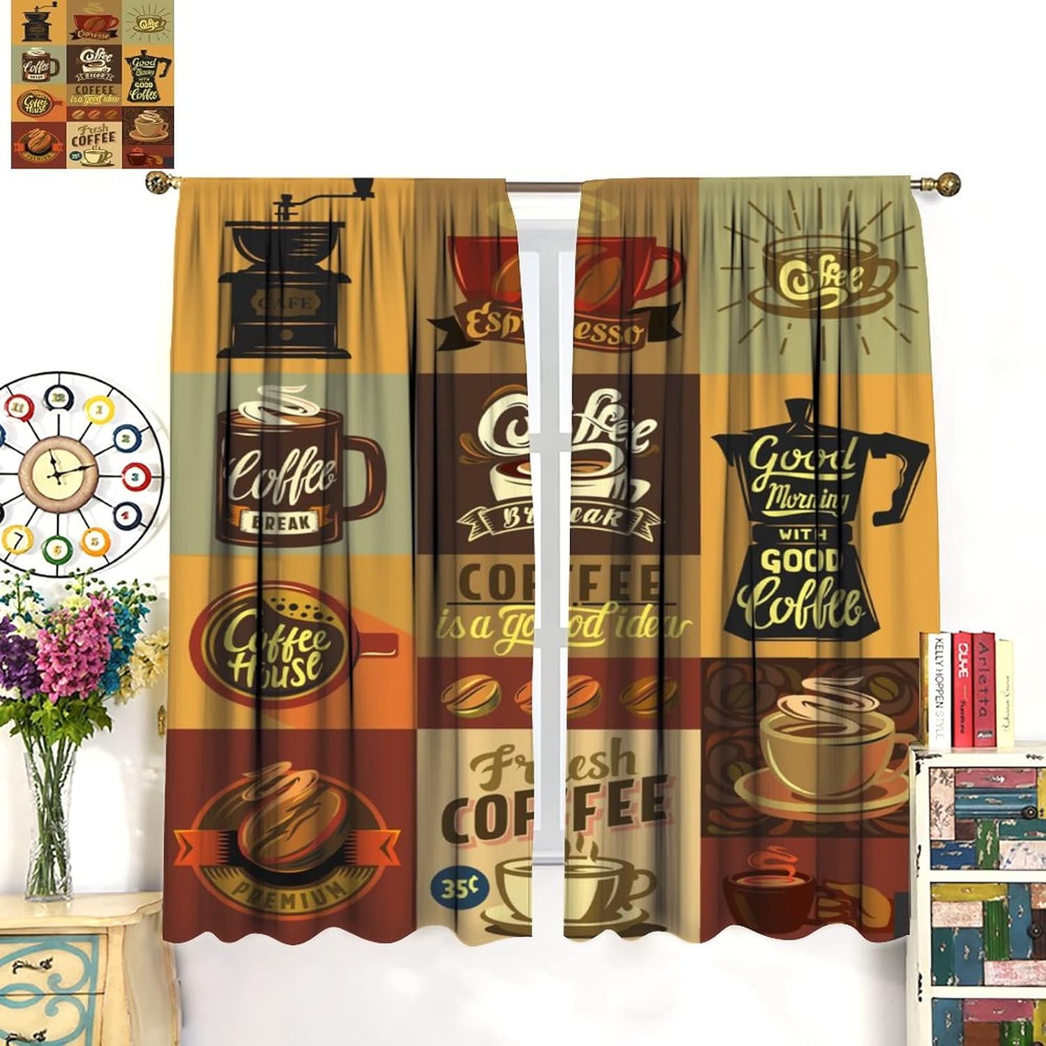 Coffee Kitchen Window Curtains, Shop and Set Vintage Theme Design Room Darkening Rod Pocket Curtain for Kitchen Cafe Decor Set 2 Panels 42 x 45 Inch