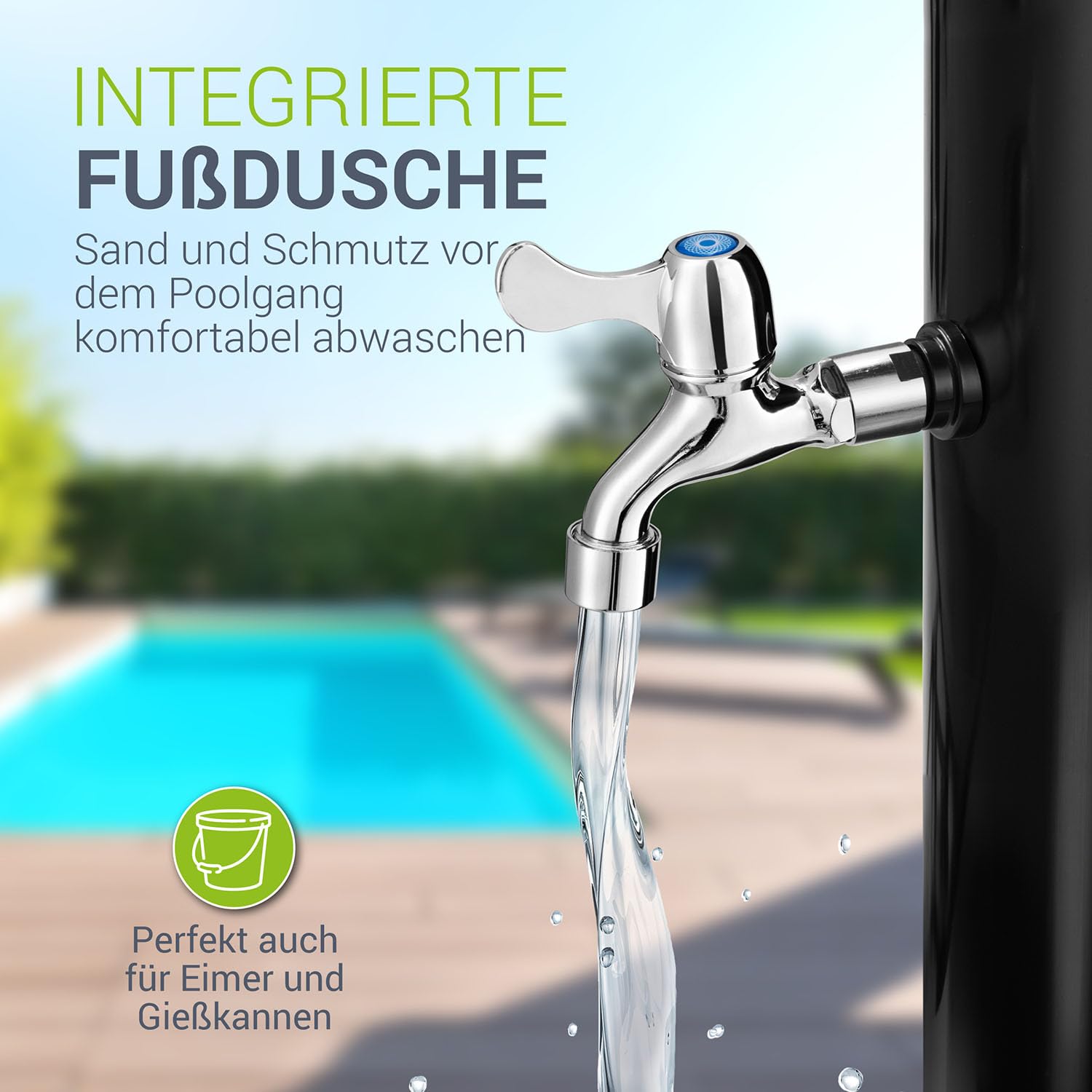 Juskys Solardusche Victoria 20/35 / 40/60 Liter - bis 60°C – mit schwenkbarem Duschkopf, Fußdusche & Gartenschlauch Anschluss Gartendusche Außendusche