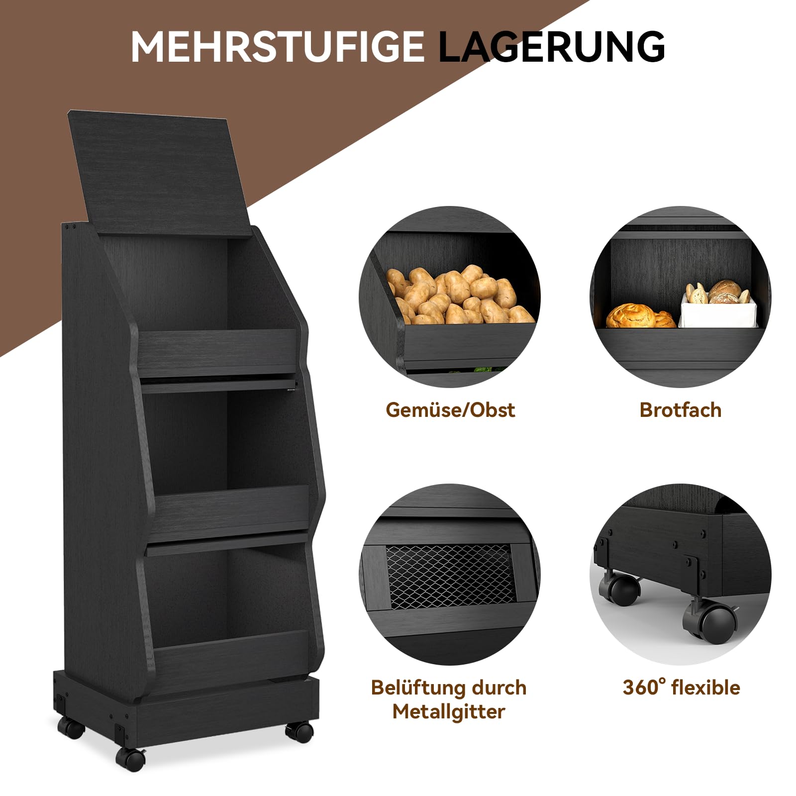 ARTETHYS Gemüseregal mit Rollen, Kartoffelkiste aus Holz, Aufbewahrungskiste mit Deckel, 3 Etagen Obst und Gemüse Aufbewahrung, Küchenwagen Rollwagen, Schwarz