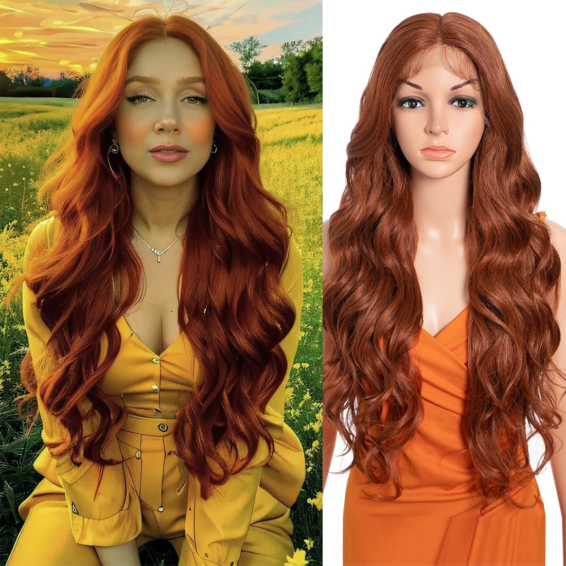 Long Lace Front Deep Wavy Synthetic Wig with Highlights - 28 Inch Middle Part Long Loose Wavy Curl Wig for Daily Use - 130T#