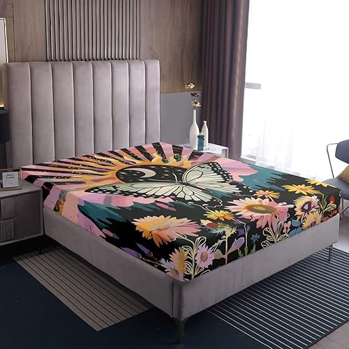 Miniatura 5 de Erosebridal Juego de sábanas y fundas de almohada de mariposa bohemias, juego de sábanas hippie Yin y Yang, juego de sábanas de rayas geométricas