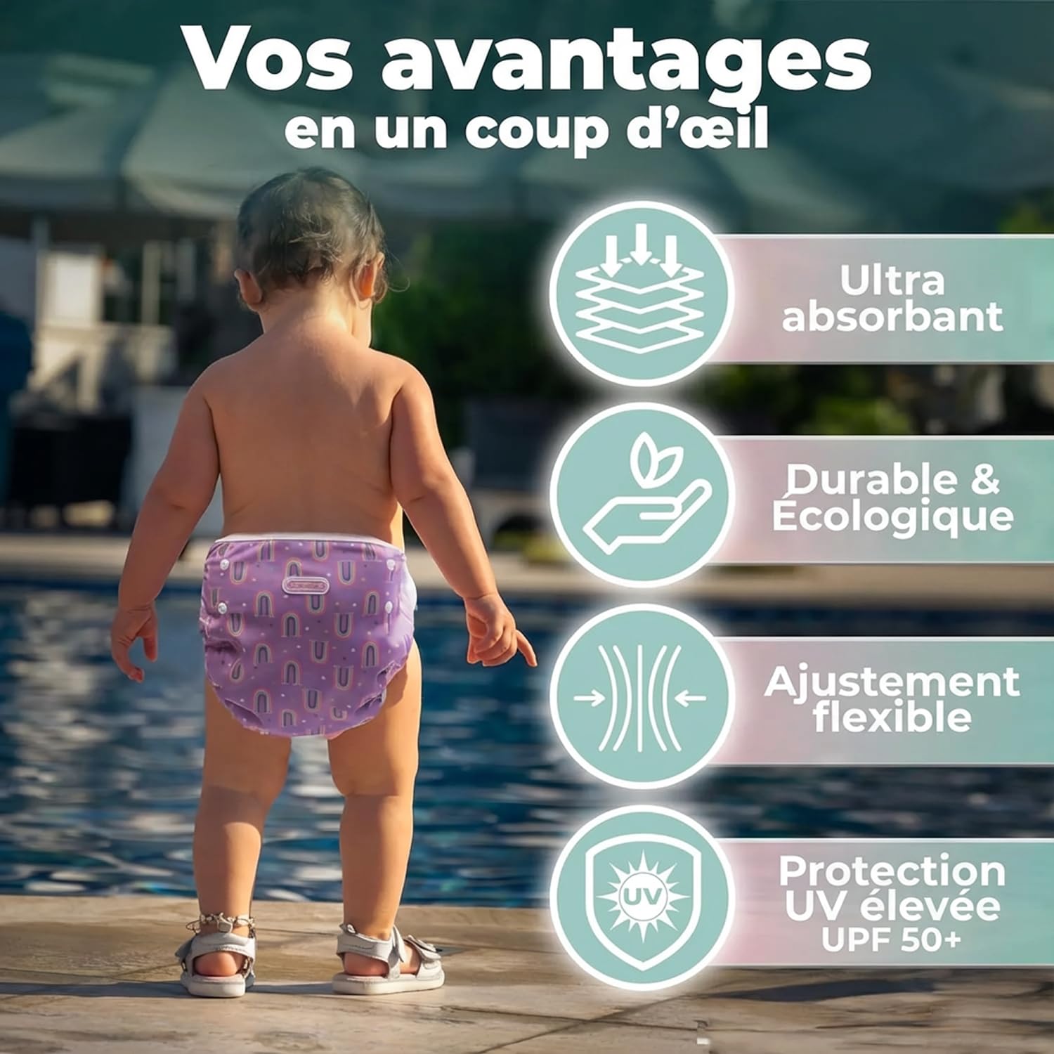 KIDVERSE Couche Piscine bébé 0 à 3 Ans - réglable, réutilisable & Lavable avec Pochette - pour Fille & garçon - qualité certifiée - Couche de Bain bébéche de Bain pour bébé de 0 à 3 Ans