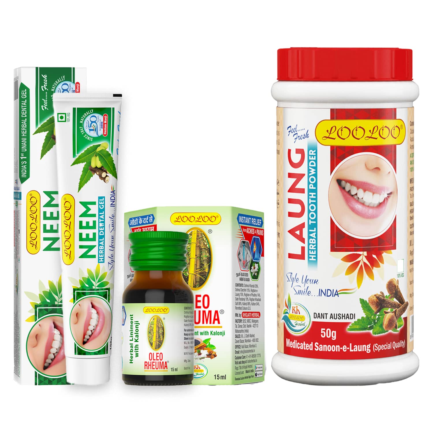 LooLoo Combo of 3 - Herbal Dental Neem Gel - 100gm| Medicated Tooth Laung Powder - 50gm| Oleo Rheuma Herbal Liniment - 15ml-picture-22
