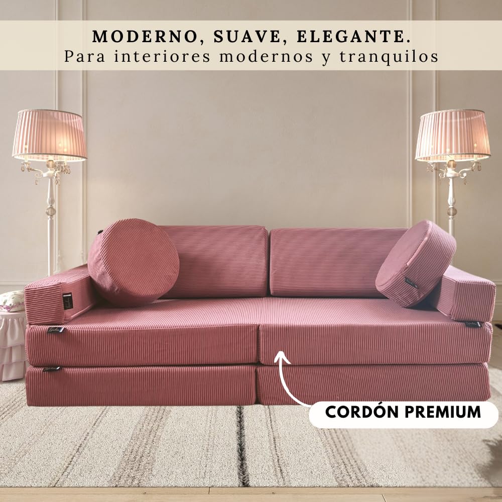 TIPICHOU Sofá Infantil Modular para niños - Sofa Cama 2 plazas Plegable Convertible – Transformable en Cama supletoria, Zona de Juego, sillón, colchón de Suelo niños (Rosa)