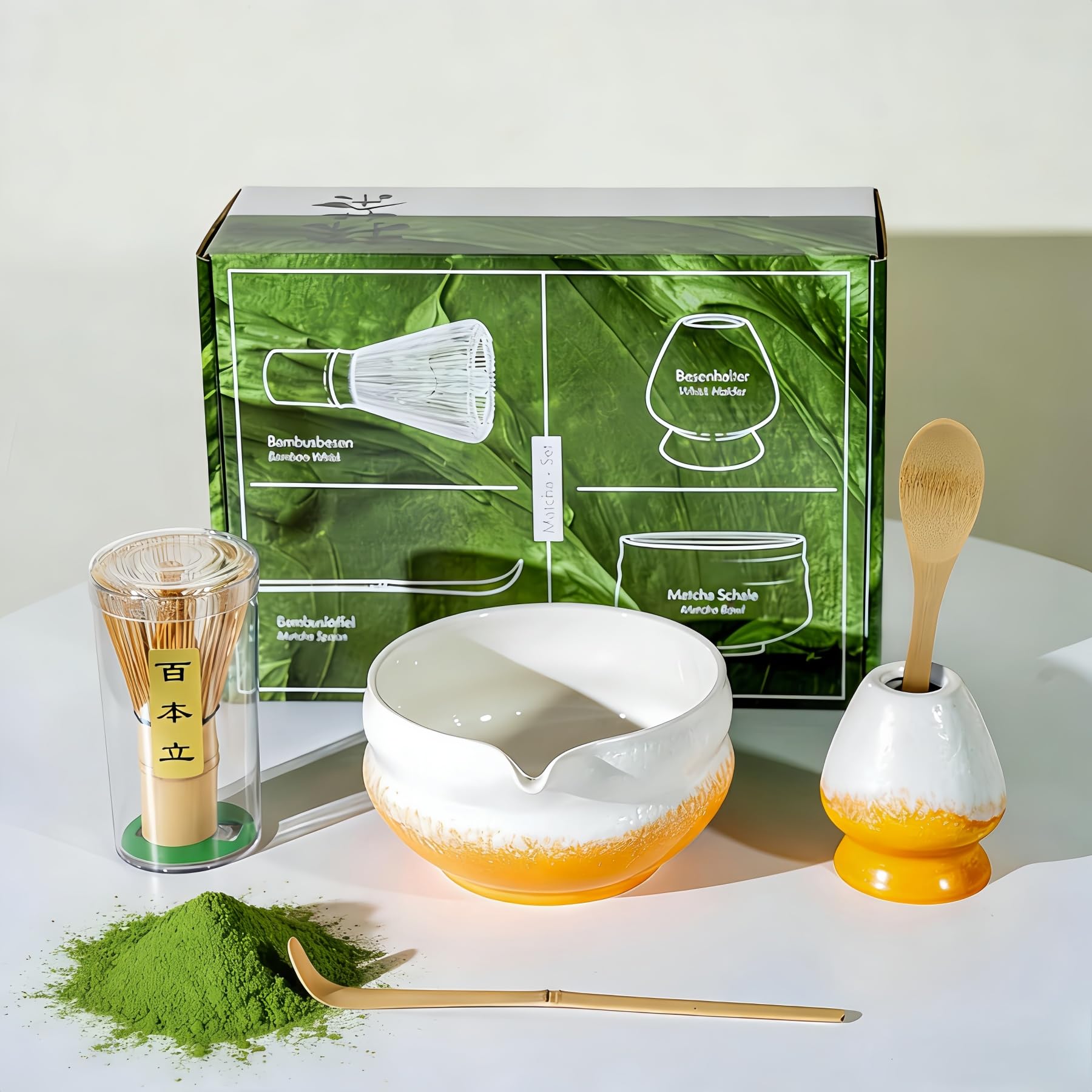 Dmnnlp 5pcs Matcha Whisk Set, Matcha Tea Set with Whisk and Bowl, Ceramic Whisk Holder, Scoop, Matcha Making Kit for Traditional Japanese Tea Ceremony (White Yellow)