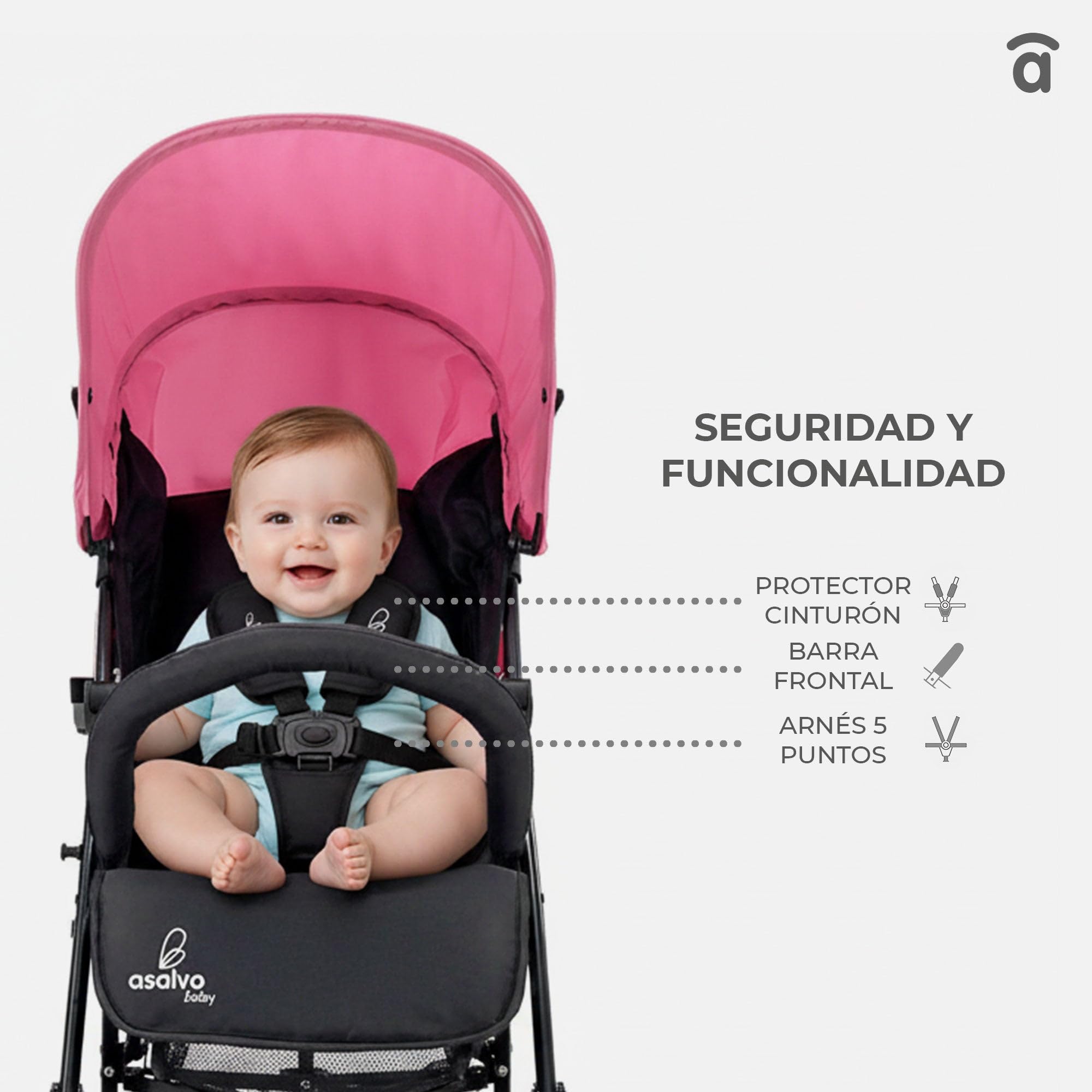 Asalvo TROTTER PLUS Silla de Paseo, Carrito bebé, Carro para bebés, Reclinable, Confortable, Ultraligera, Capota con Ventana y Freno Trasero, Manejable, Plegado compacto, Carga Máxima 25 kg, Rosa