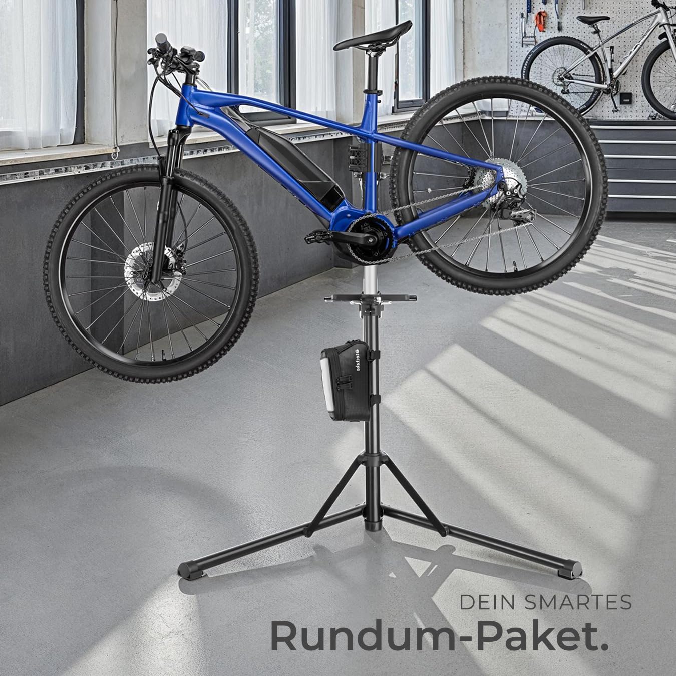 tectake® Fahrrad Set aus Rahmentasche inkl. Touch Fenster und höhenverstellbarem, klappbarem und drehbarem Reparaturständer, für Fahrrad, e Bike, Rennrad, Belastbarkeit bis 50kg - Typ 2