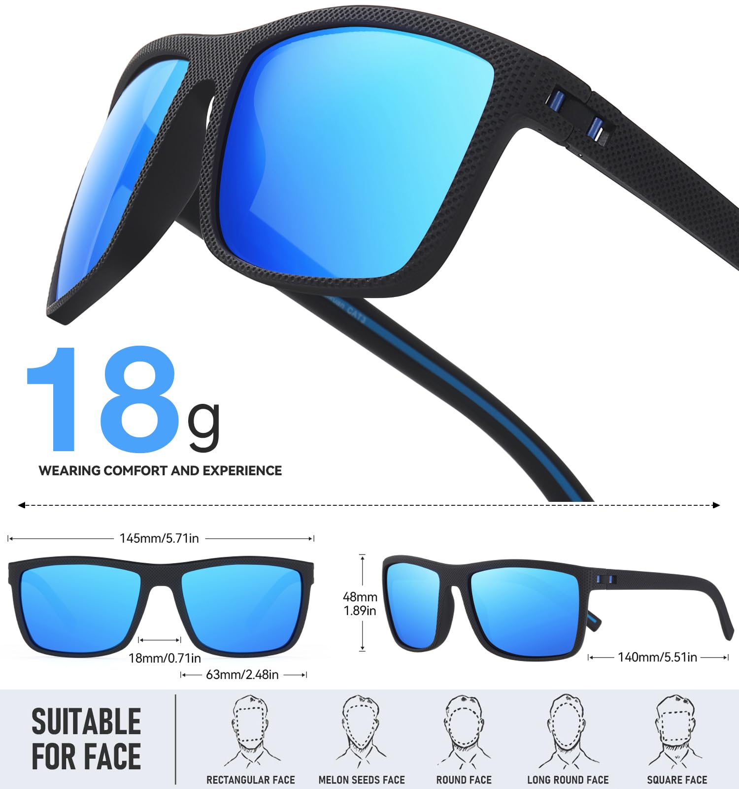 Perfectmiaoxuan Occhiali da sole uomo donna Polarizzati Guidare la Pesca all'aperto Montatura infrangibile Occhiali Quadrata TR90 Montatura Leggero Protezione UV400 Sunglasses