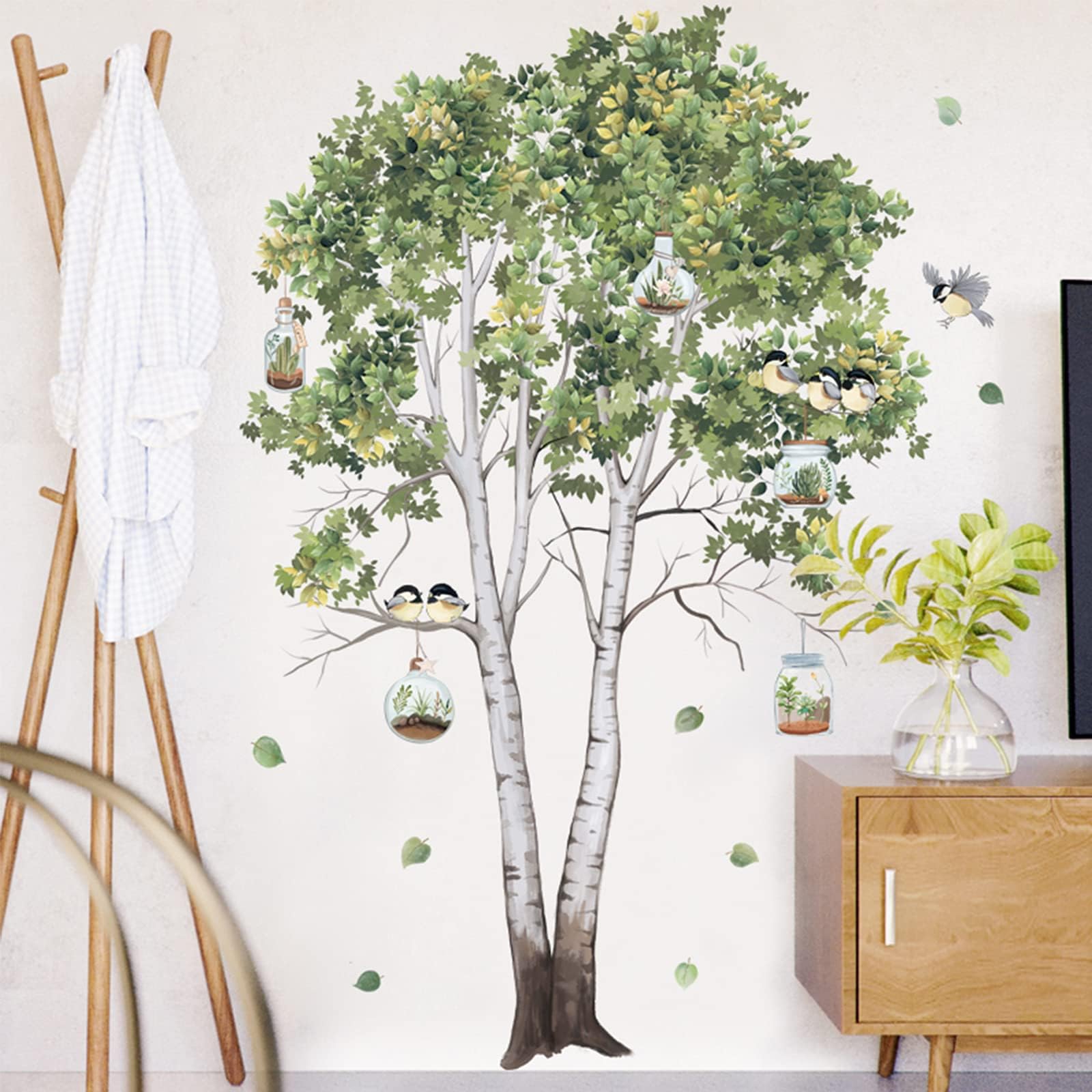 Birch Tree Fresh Plant Flying Birds Wall Sticker, AUHOKY Nordic Large Tree Background Plants Bottle Vinyl Decals Decor, Green Leaves DIY Art Murals for Bedroom Living Room Nursery Decoration